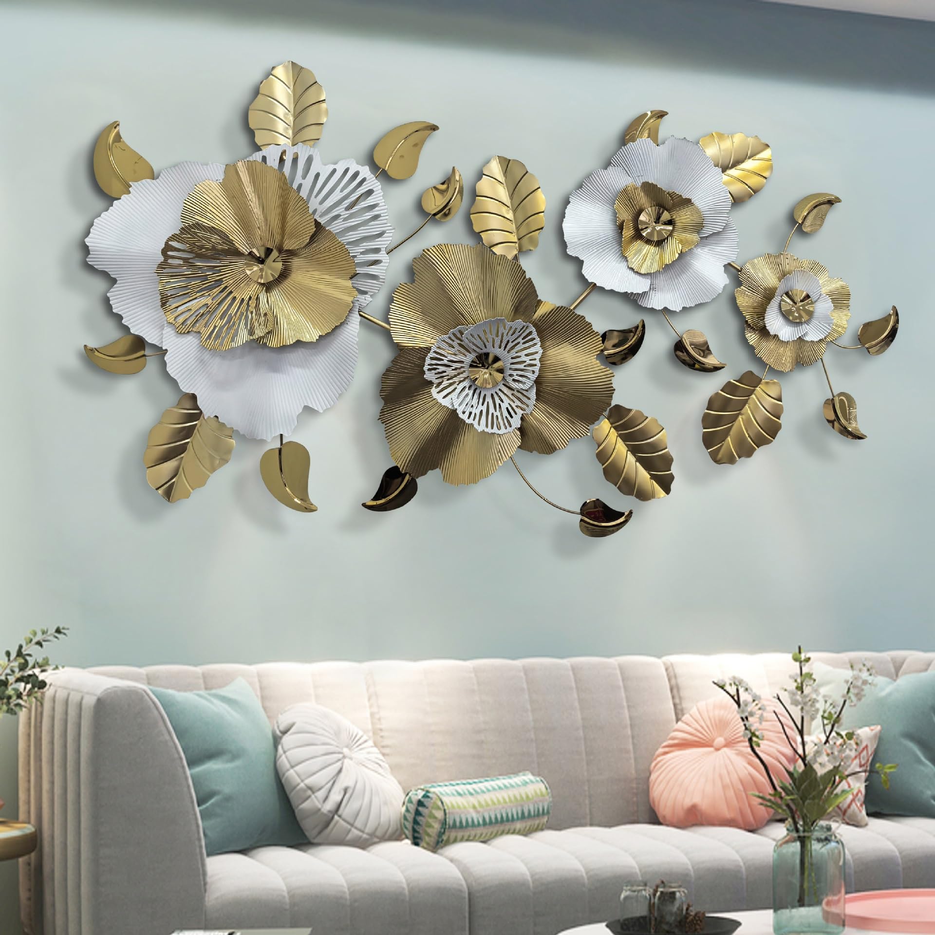 Vnook Grande Decorazione da Parete Floreale in Metallo 3D - Scultura Floreale Stereo, Ornamento Artistico da Appendere for Soggiorno, Sala da Pranzo, Camera da Letto