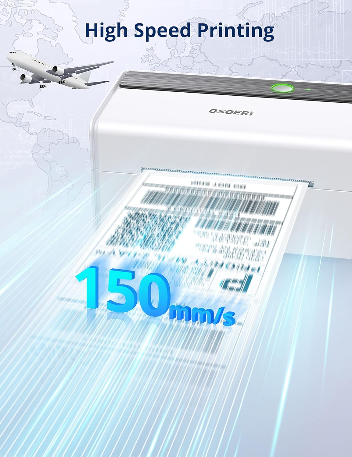 The Osoeri thermal label printer rapidly printing a label, with a graphic indicating a high printing speed of 150mm/s.