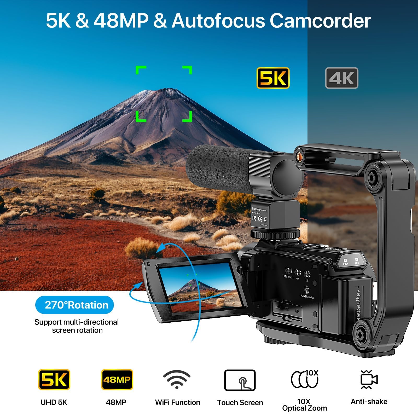 Video Camera, 5K Camcorder UHD 48MP WiFi Vlogging Camera for YouTube IR Night Vision Anti-Shake 16X Digital Zoom 3” Touch Screen Camera with Microphone,Handheld Stabilizer,Lens Hood,Remote,2 Batteries