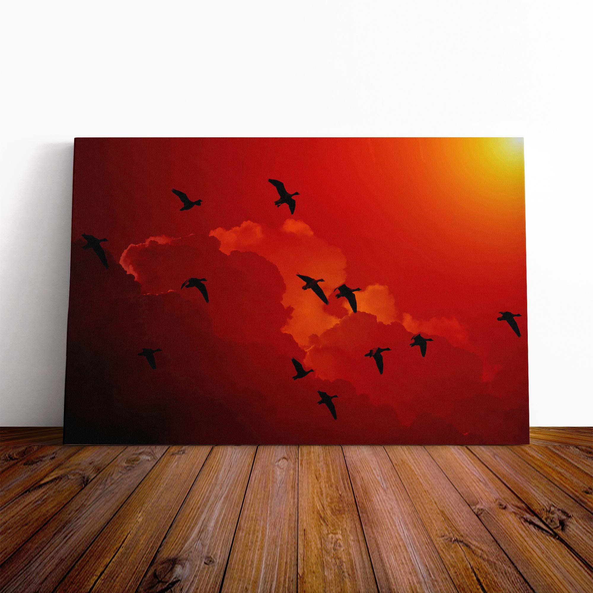 Migratory Flying Geese Sunset Canvas Print | Gallery Wrapped 30mm Frame Wall Art | 20x14 inches | Ready to Hang | Modern Landscape Picture | Living Room Bedroom Lounge Office
