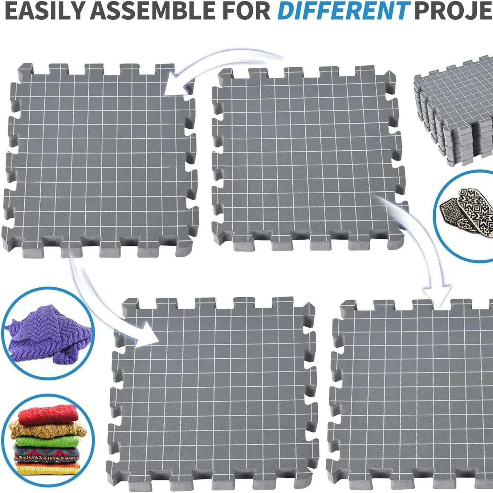 NEWFUN 9PCS Tapis de Blocage, 32 x 32 CM,104 Trombones, 100 T-aiguilles Poche à Conserver avec Grille, pour le Travail à la Main ou Crocheter Pointe (gray)