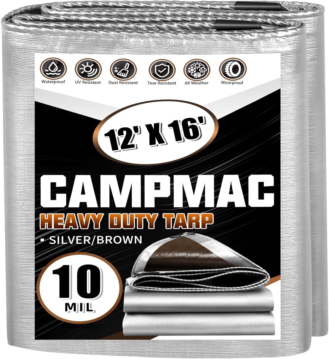 Heavy Duty Tarp 12 X 16 Ft, 10 Mil Large Waterproof Tarps, High Durability, UV Resistant, Tear Resistant with Grommets Every 20 Inches for Outdoor (Silver/Brown - Reversible) 12' X 16' Silver/Brown-10mil