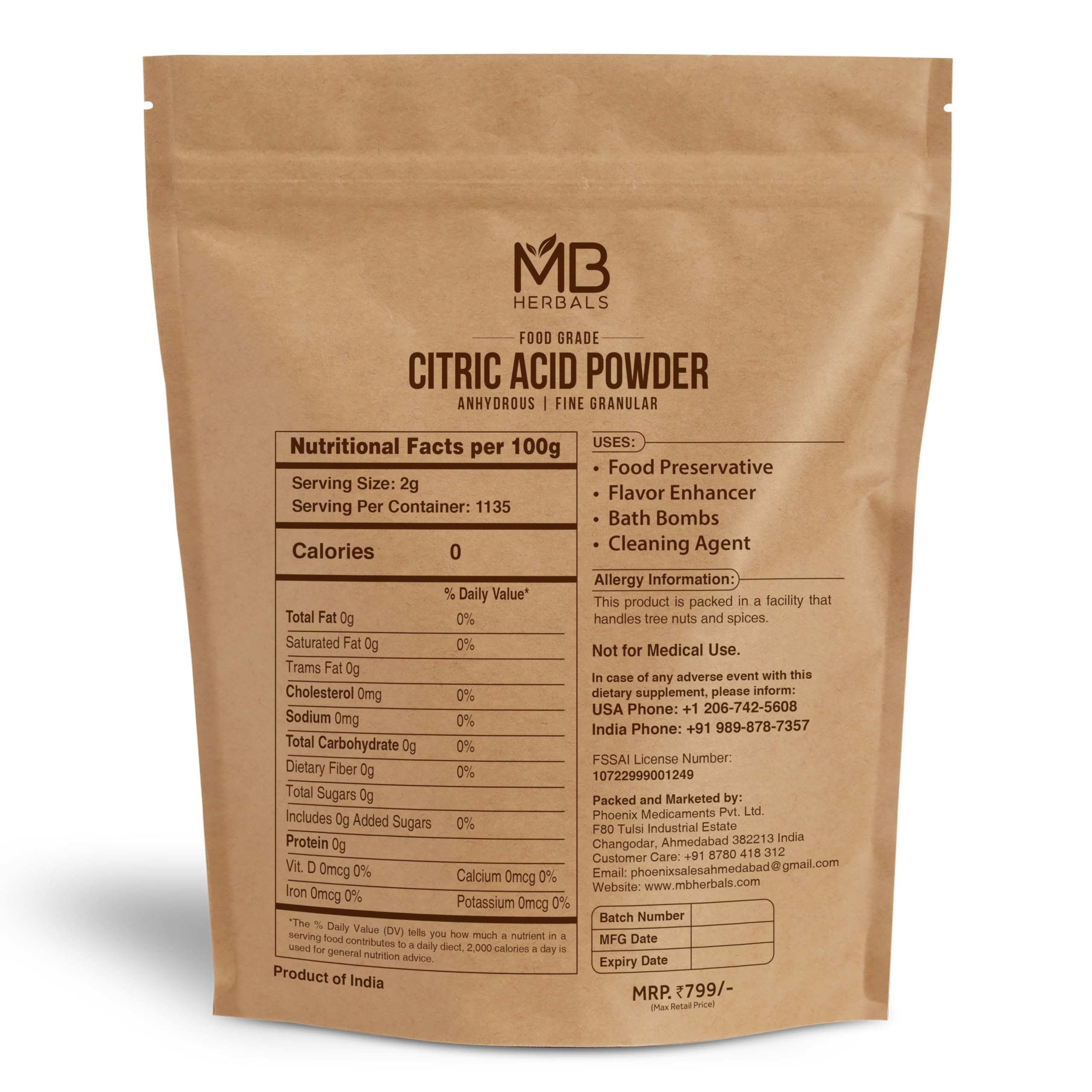 MB Herbals Anhydrous Citric Acid Powder 5 lb | 100% Pure Food Grade Fine Granulated Citric Acid Powder | Food Preservative Flavor Enhancer