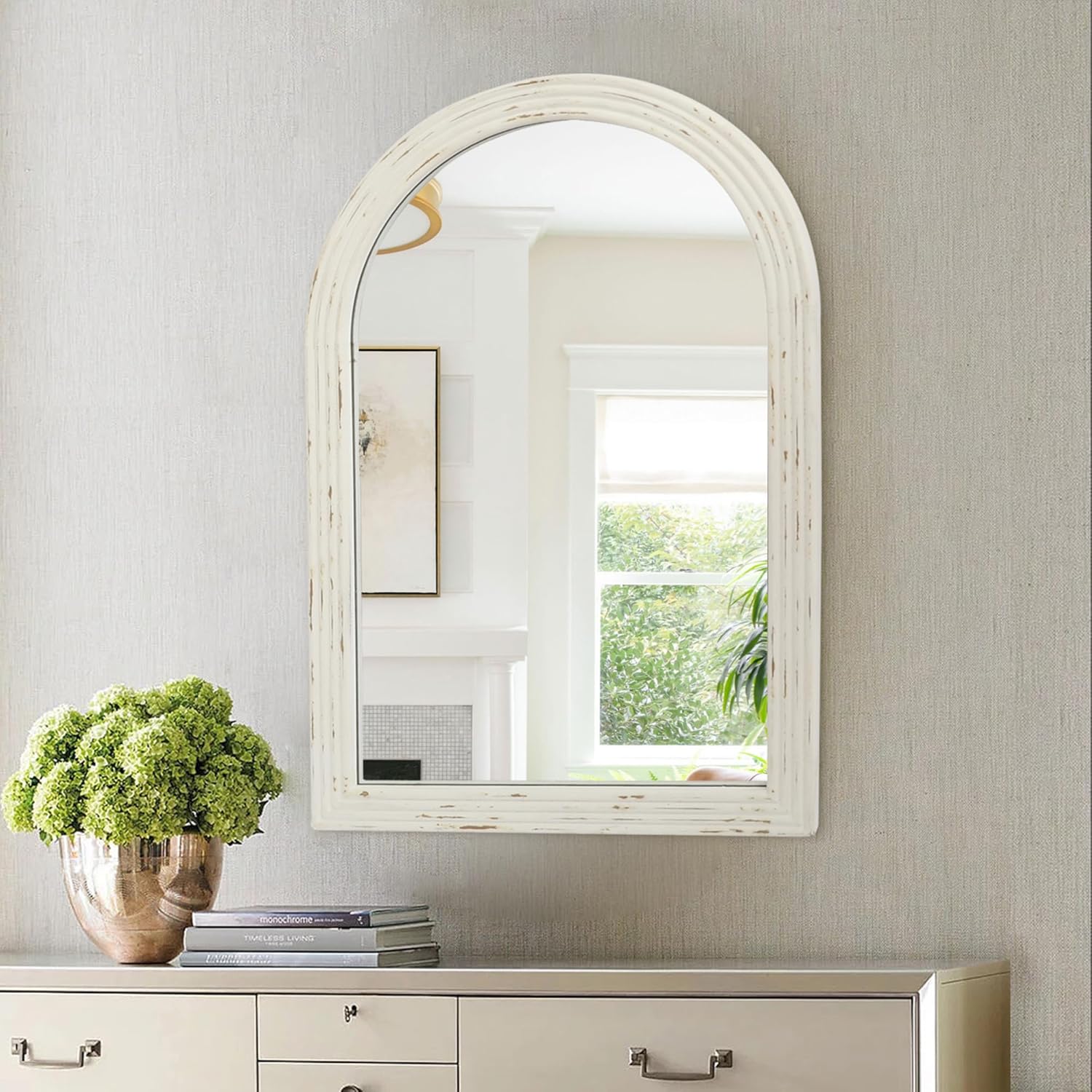 Rustic White Distressed Arched Wall Mirror, Farmhouse Wood Decorative Large Mirror for Living Room, Bathroom, Entryway, Hallway(20" x 30")