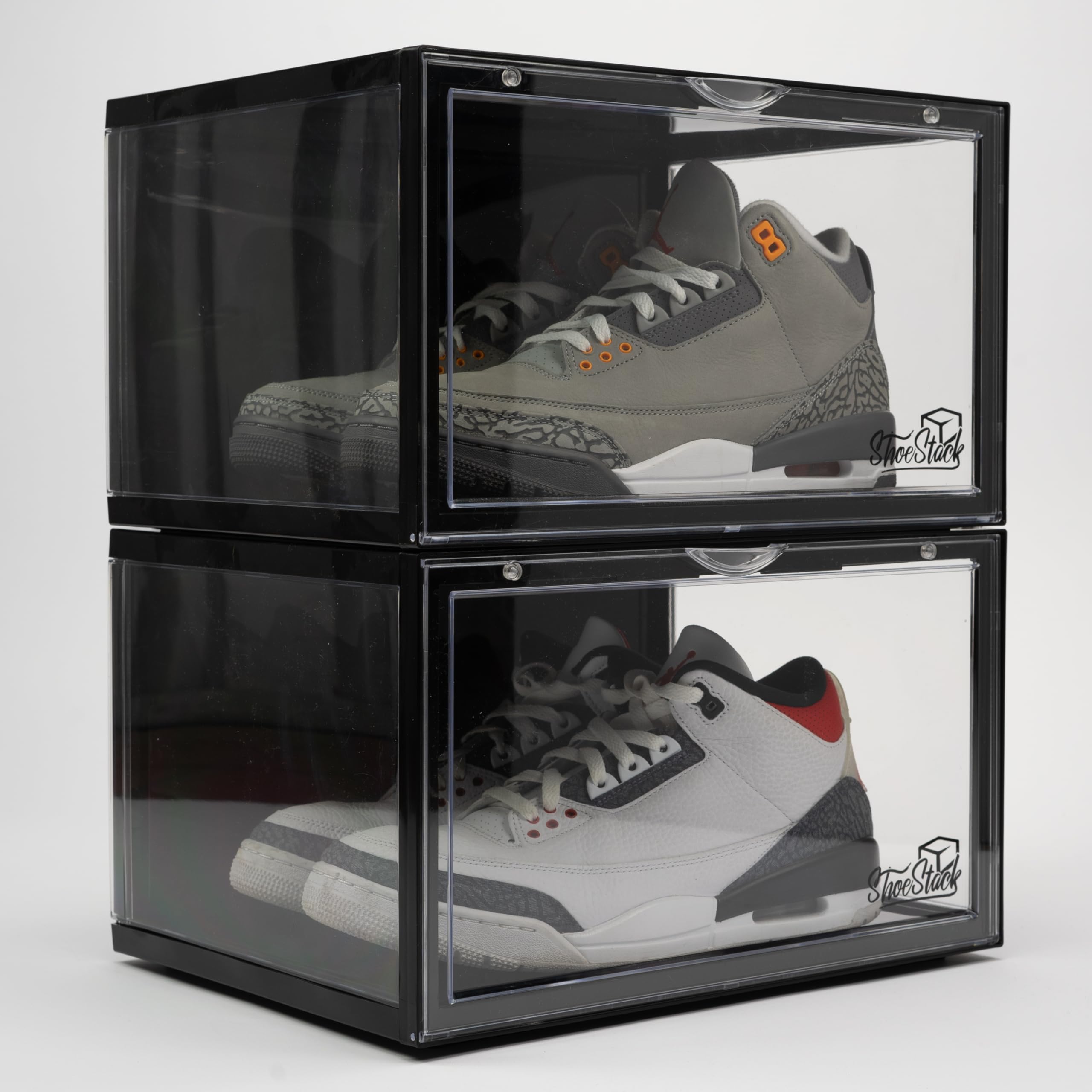 Scatole per scarpe, vista a 180 gradi, in acrilico, impilabili, nero, bianco, (confezione da 2) (nero)