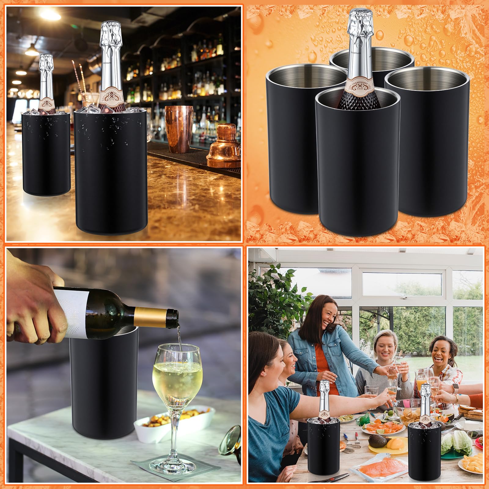 Potchen Paquete de 6 botellas de vino enfriadoras de vino a granel, acero inoxidable con doble pared aislada, cubo de hielo de champán para fiestas, apto para botellas de 750 ml (negro)