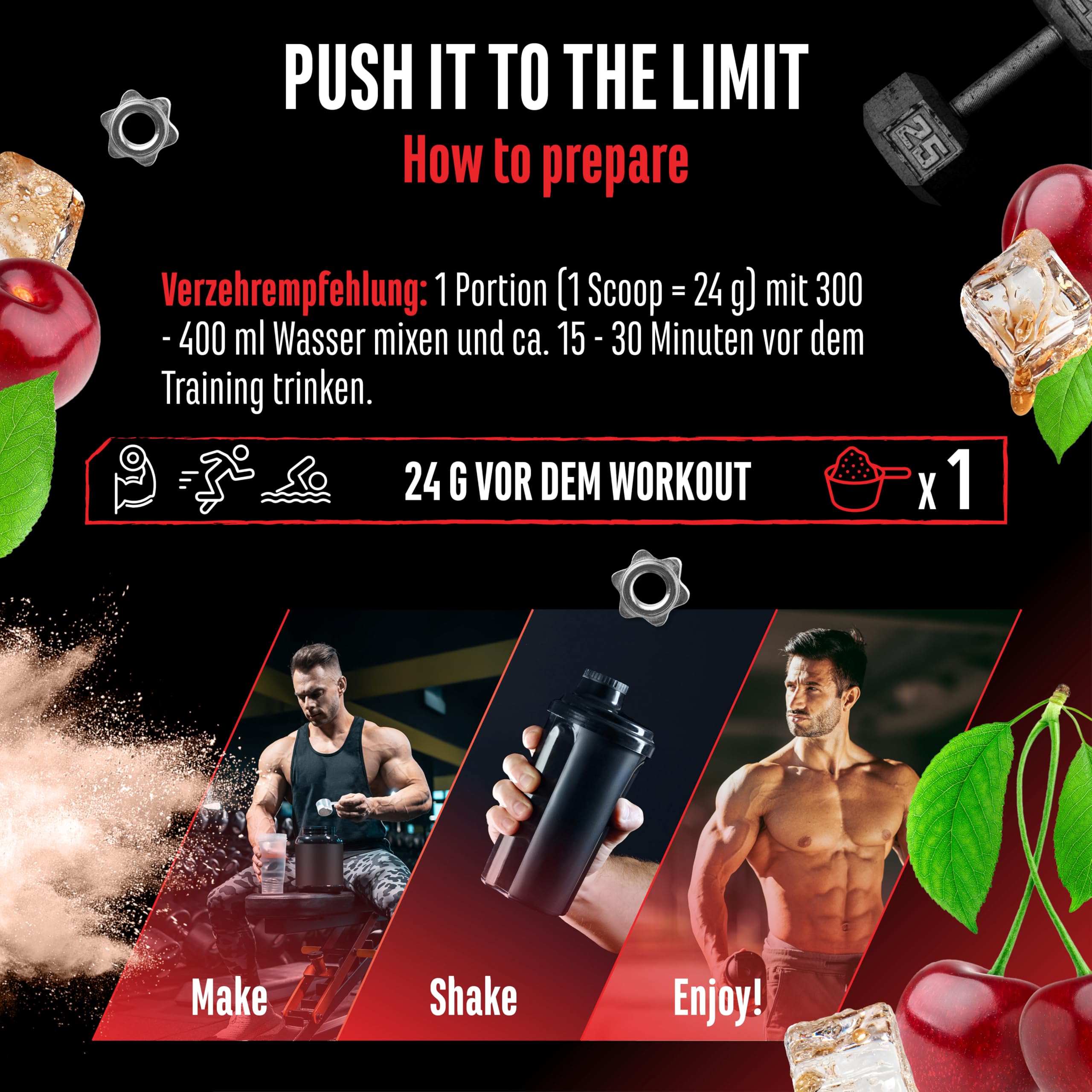 GEN GERMAN ELITE NUTRITION Push it to the Limit - Pre Workout - 360 g | Cola Cherry, hochdosiert, L-Arginin, Citrullin & Koffein, L-Tyrosin, L-Theanin, L-Carnitin, AAKG, Taurin, Rhodiola
