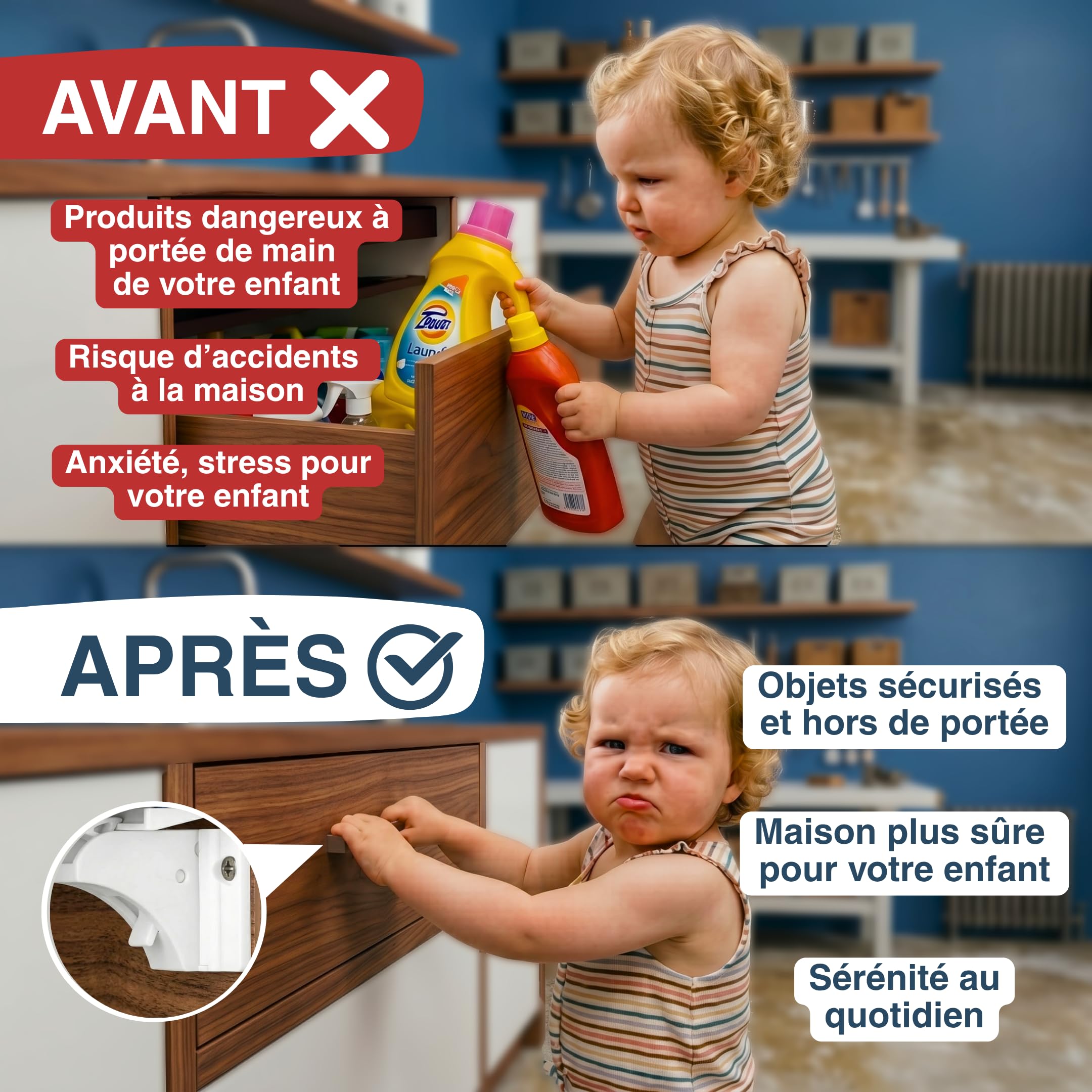 Serrure Magnétique Invisible pour Sécurité Enfant et Bébé – 10 Verrous & 2 Clés – Protection pour Placards, Portes & Tiroirs – Blocage Avec Ou Sans Perçage