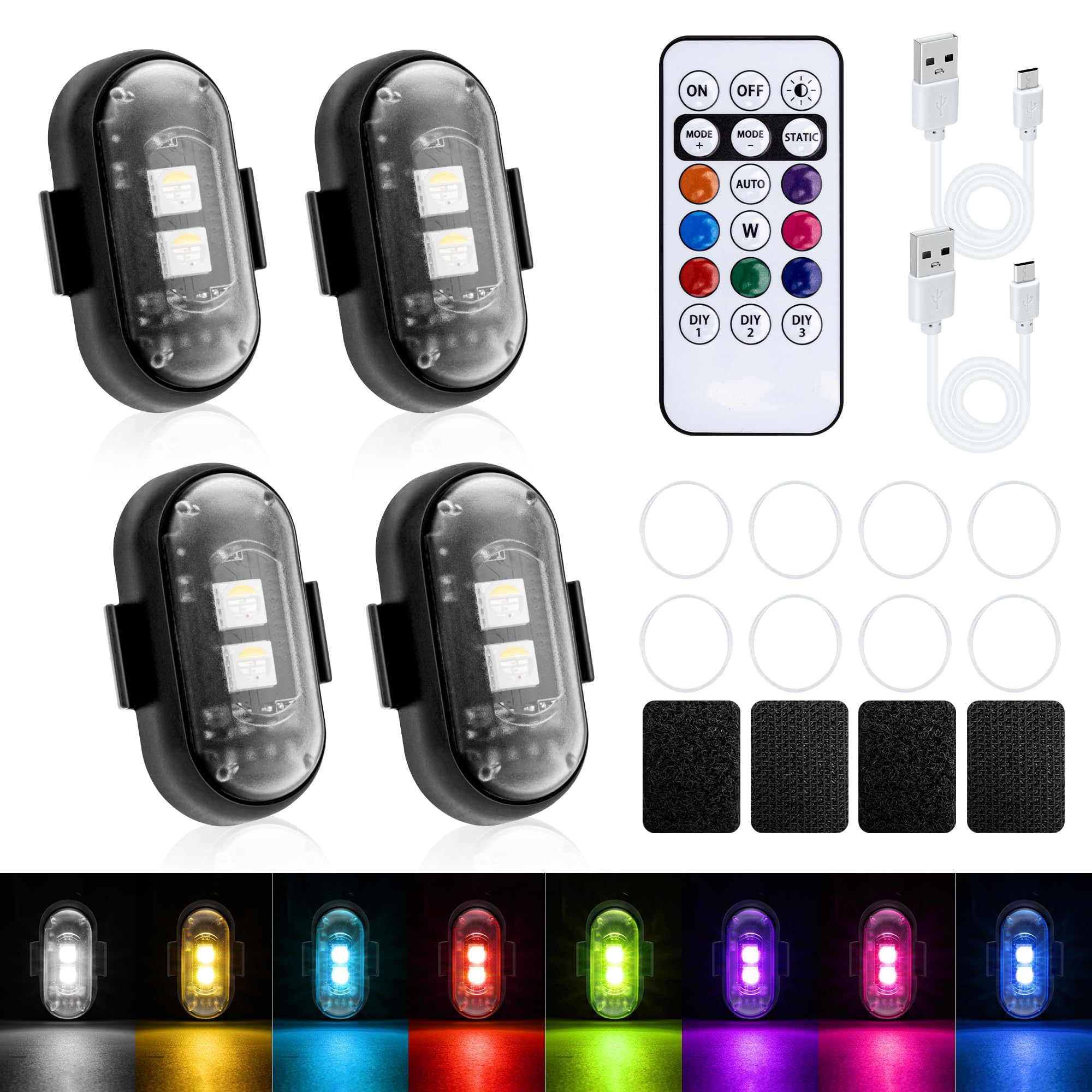 Mcbazel 4 Pcs Wireless Rechargeable Magnetic LED Strobe Lights, 8-Colors USB Waterproof Anti-Collision LED Car Flashing Warning Light with Remote Control for Cars, RC Cars, Bikes, Motorcycles
