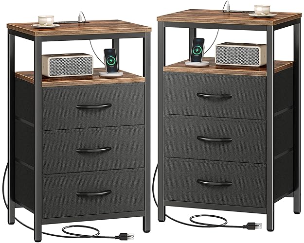Huuger Nightstands Set of 2, 27.6 Inch End Tables with Charging Station, Fabric Drawers, Bedside Tables with USB-C Port and Outlet, Night Stands for Bedroom, Rustic Brown and Black - 11.8"D x 15.7"W x 27.6"H (3 Drawers) - Rustic Brown and Black - 2