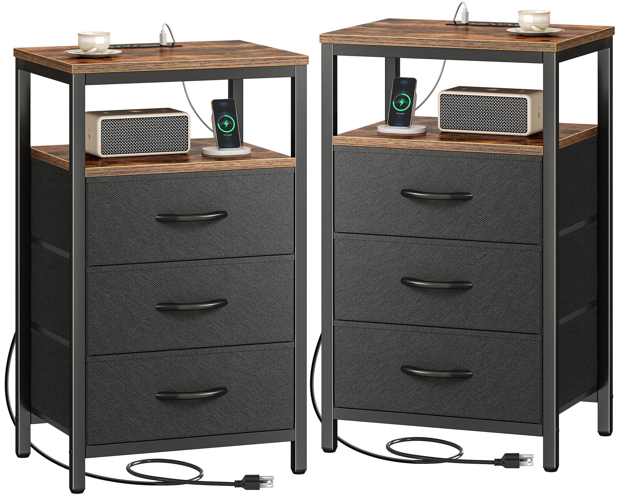Huuger Nightstands Set of 2, 27.6 Inch End Tables with Charging Station, Fabric Drawers, Bedside Tables with USB-C Port and Outlet, Night Stands for Bedroom, Rustic Brown and Black