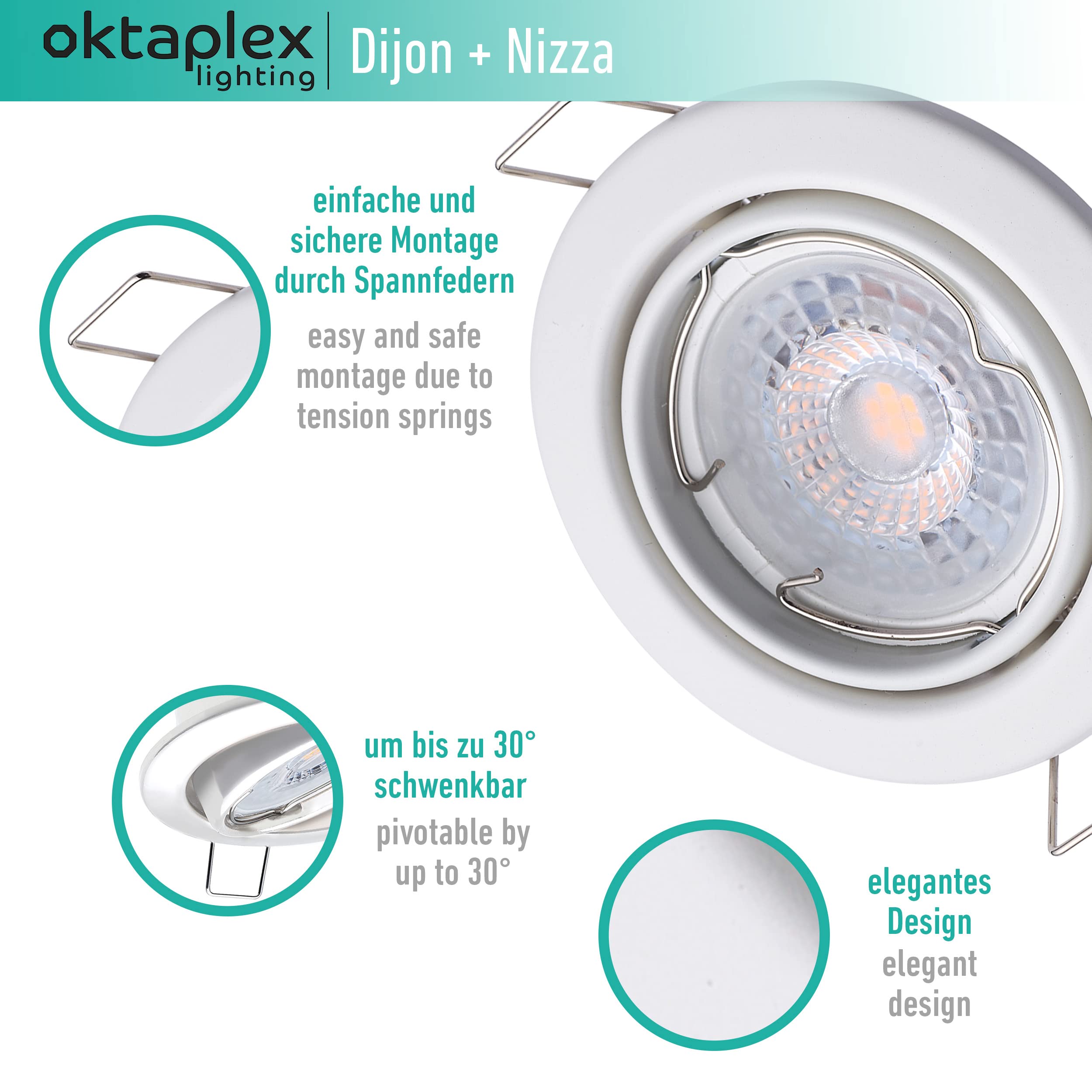 9 x Oktaplex Spot 3-stopniowe ściemnianie Dijon wychylne — moduł LED Nizza 4,8 W 3000 K 230 V 380 lm ciepła biel 110° — oświetlenie punktowe sufitowe białe wymiary otworu 68 mm