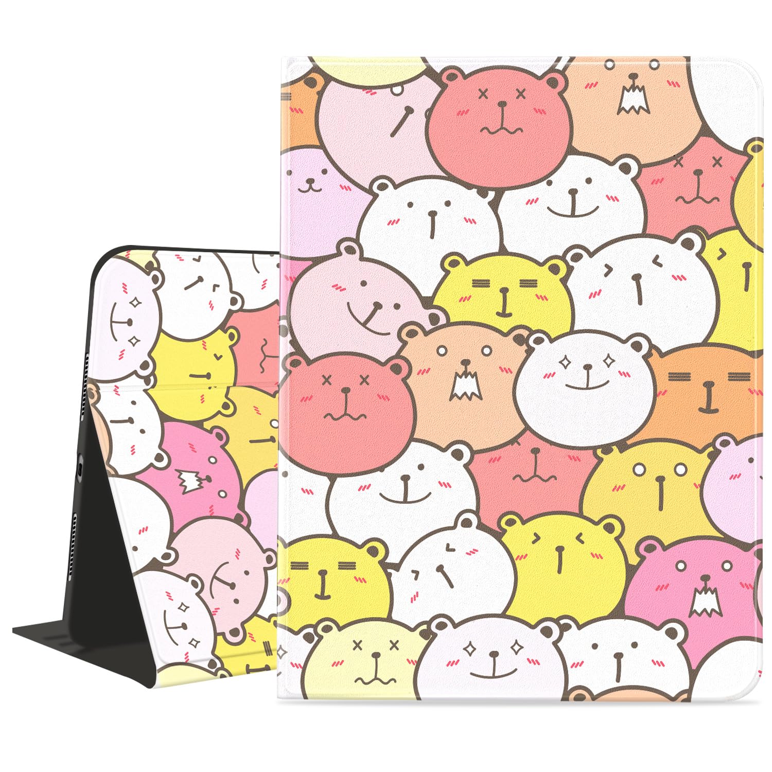 Idocolors Cute Bear Pad Case for 10.9 Inch iPad 10th Generation/iPad 2022 with Pencil Holder Cartoon Kawaii Animal Pattern Multi-Angle Stand Leather
