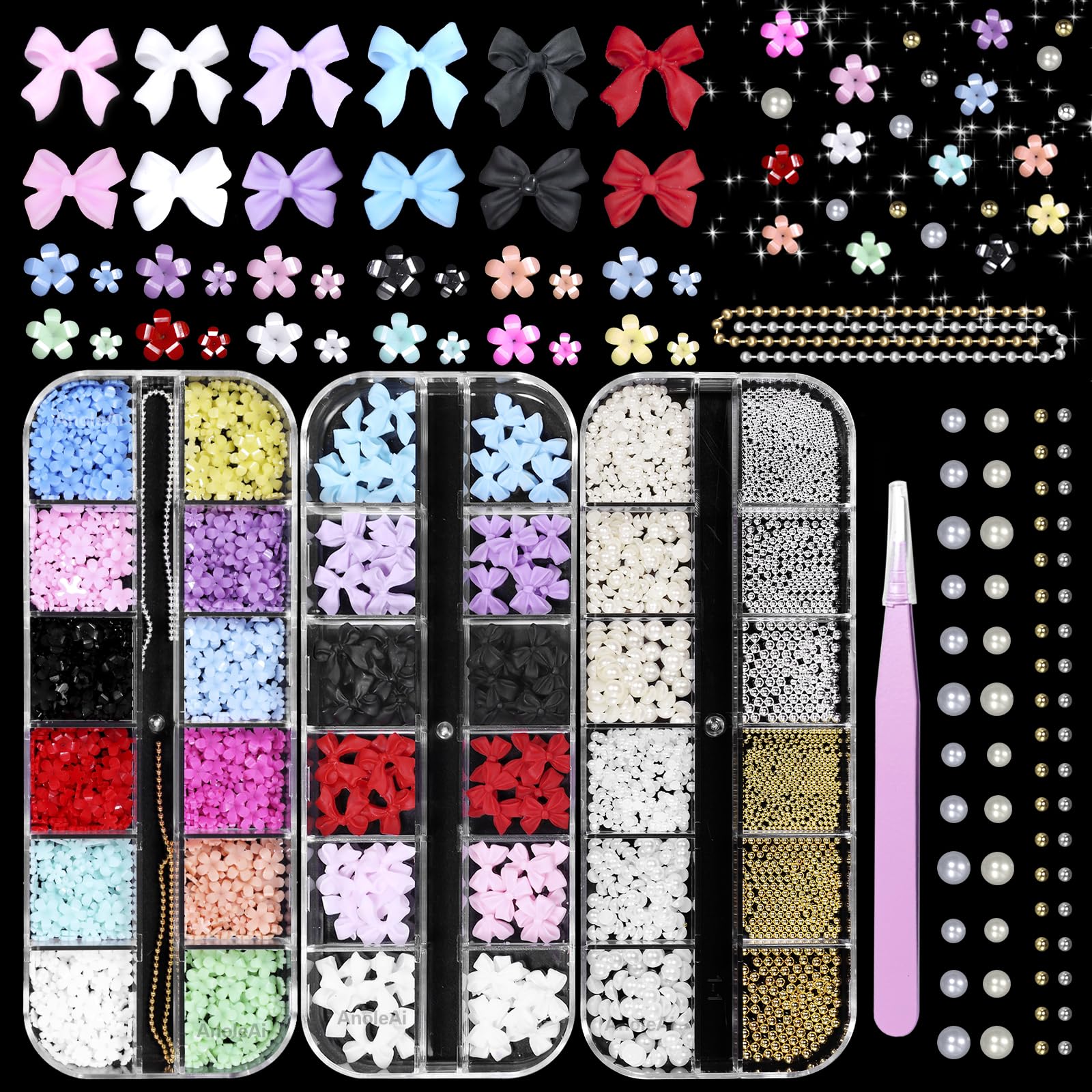 AnoleAir 3D Nail Charms & Gems Set: Color Bows, Flowers, Pearls & Caviar Beads for Nail Art, Acrylic Material, Tiny to Small Size, 1 Count