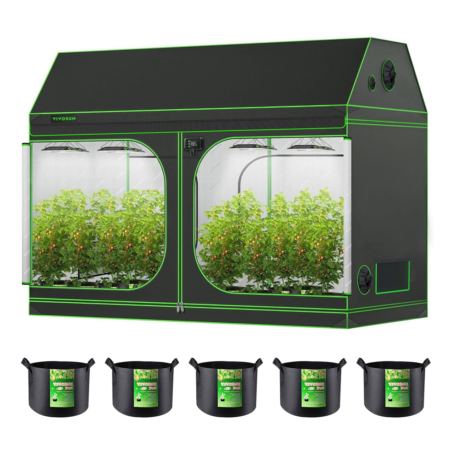 VIVOSUN 4x8 Grow Tent 96x48x72 Roof Cube Tent with Observation Window and Floor Tray and 5-Pack 5 Gallon