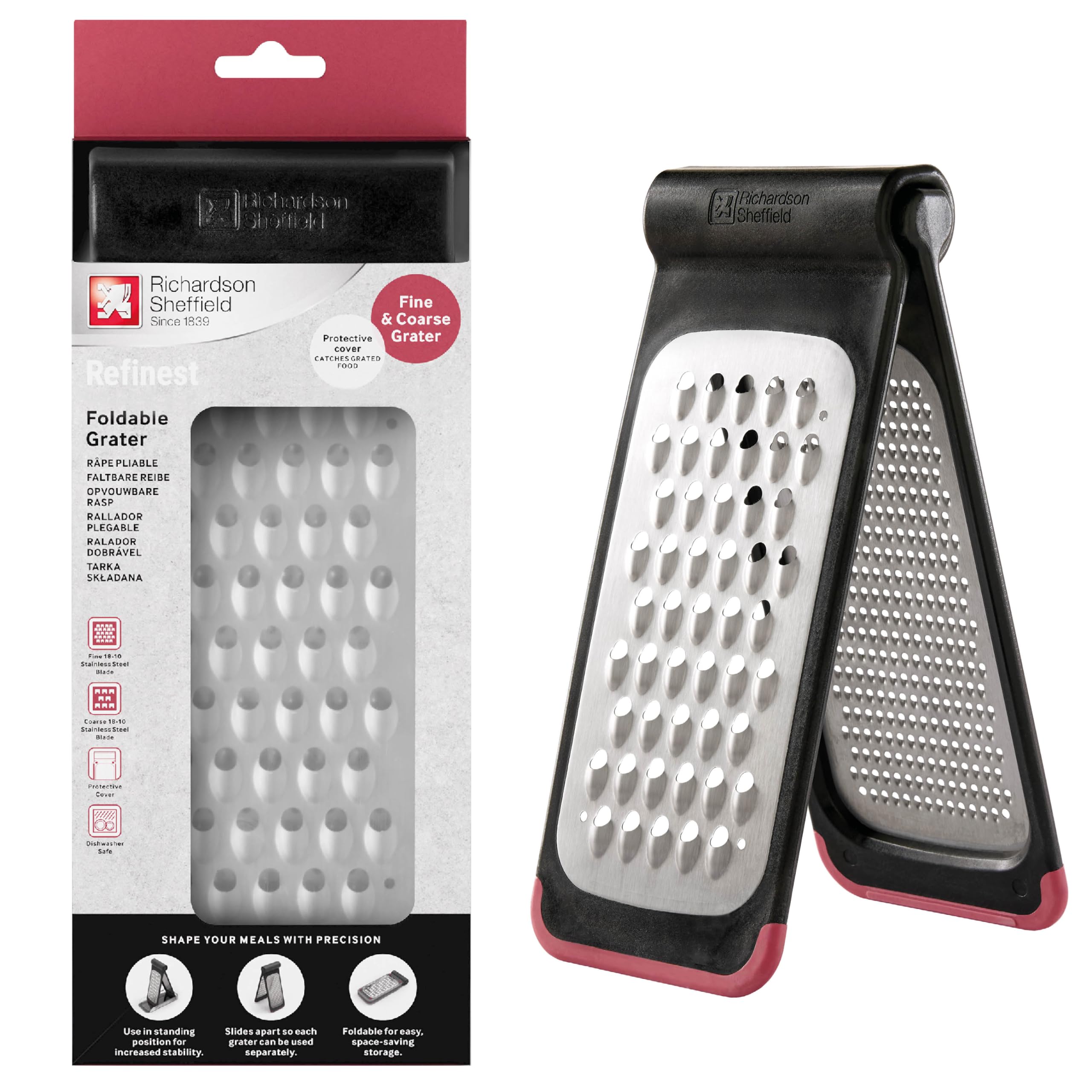 Richardson Sheffield Folding Box Grater, Coarse Rasp - Black | Cheese Grater, Stainless Steel, Foldable, Space-Saving Vegetable Shredder, Lemon Zester, Dishwasher Safe