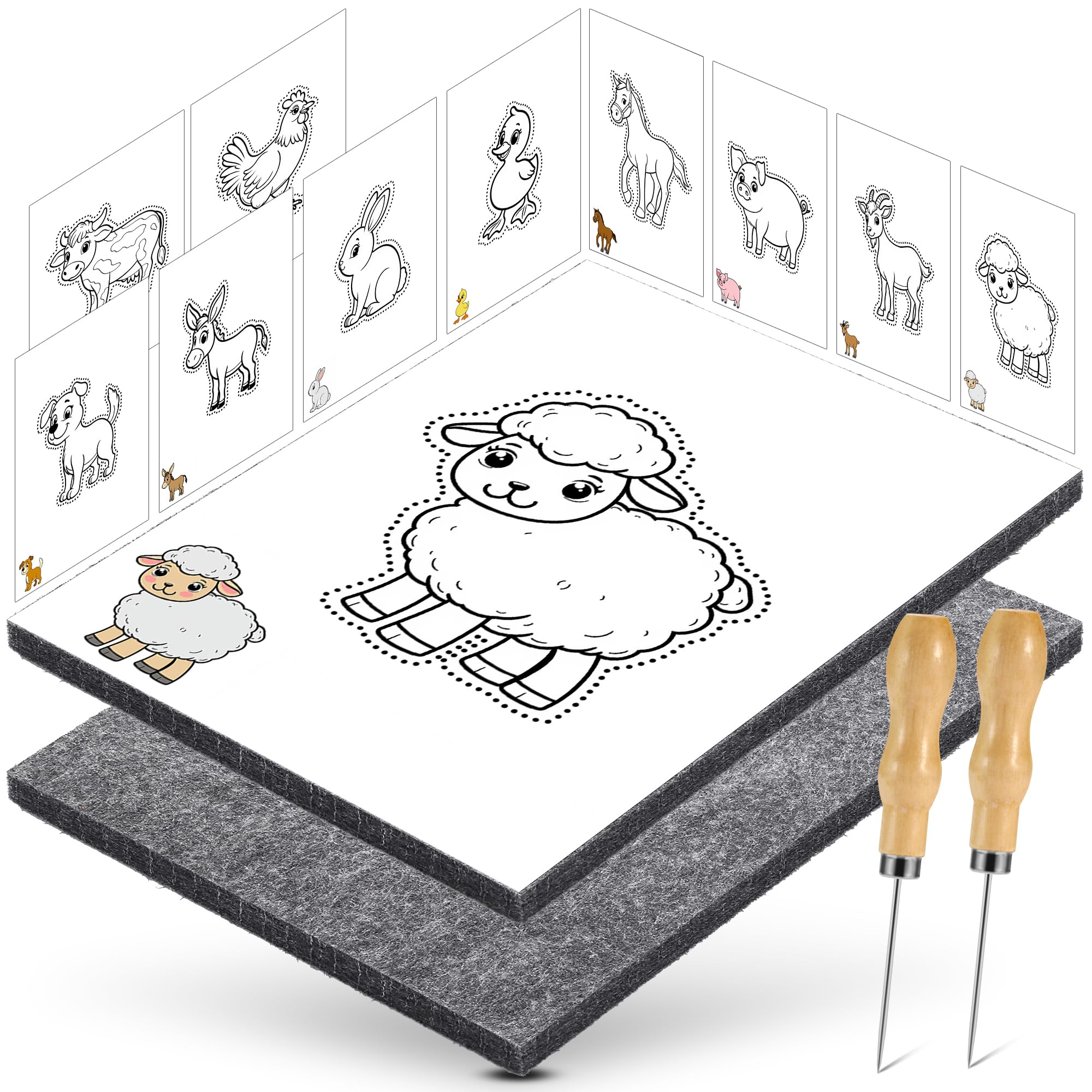 DazSpirit Prickelnadel Set Kinder, Komplettes Prickelset Kinder ab 4 mit 2 Prickelfilz, 2 Prickelnadel & 10 Stickbilder, Entwickelt für Kleine Hände, Prickeln Kit für Kreative Projekte (Nutztiere)