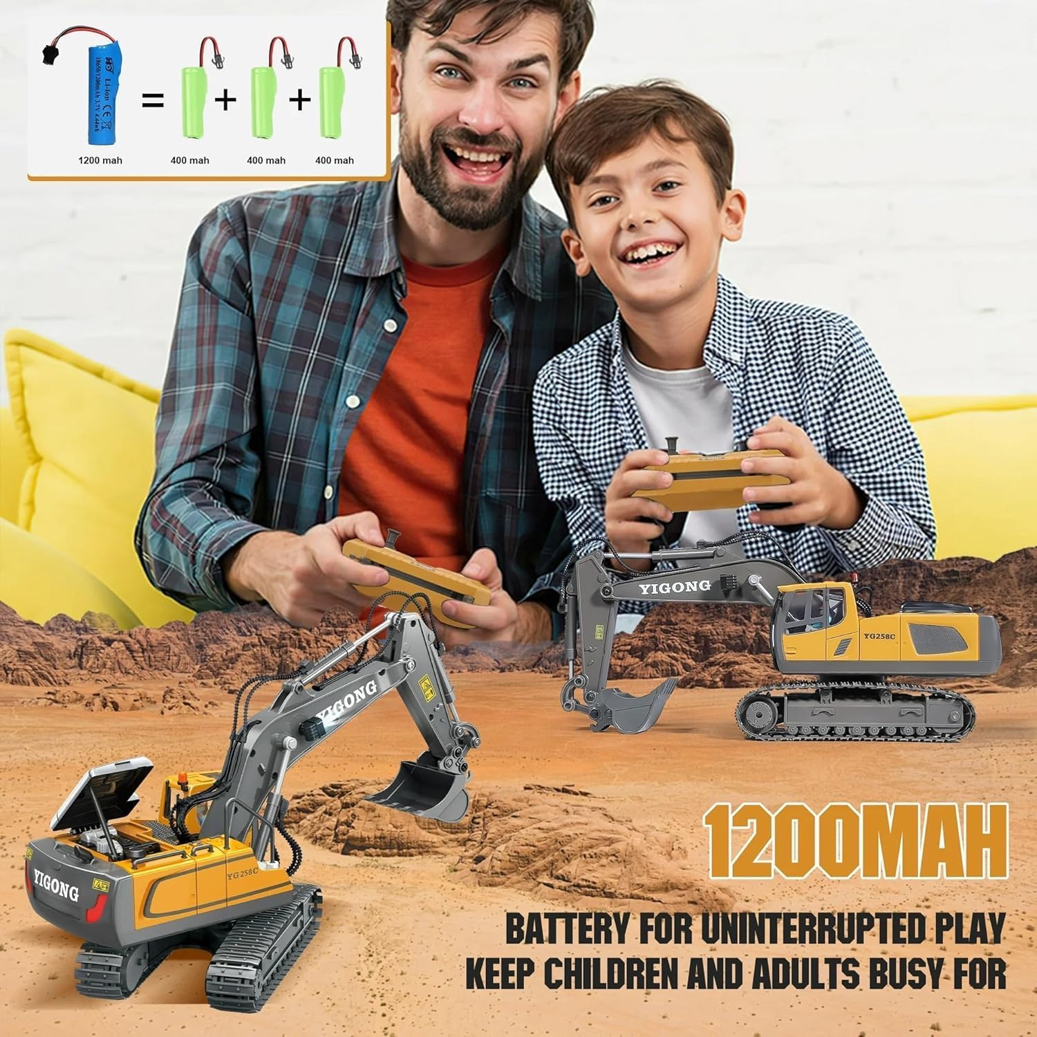 RABRA 2.4Ghz New Radio Control J-C-B Excavator Toy for 6-12 Yr Boys, Best Birthday Gifts for Kids 7 8 9 10 11 Year Old, Rc Construction Toys with Metal Shovel, Lights, Sounds, Multi Color