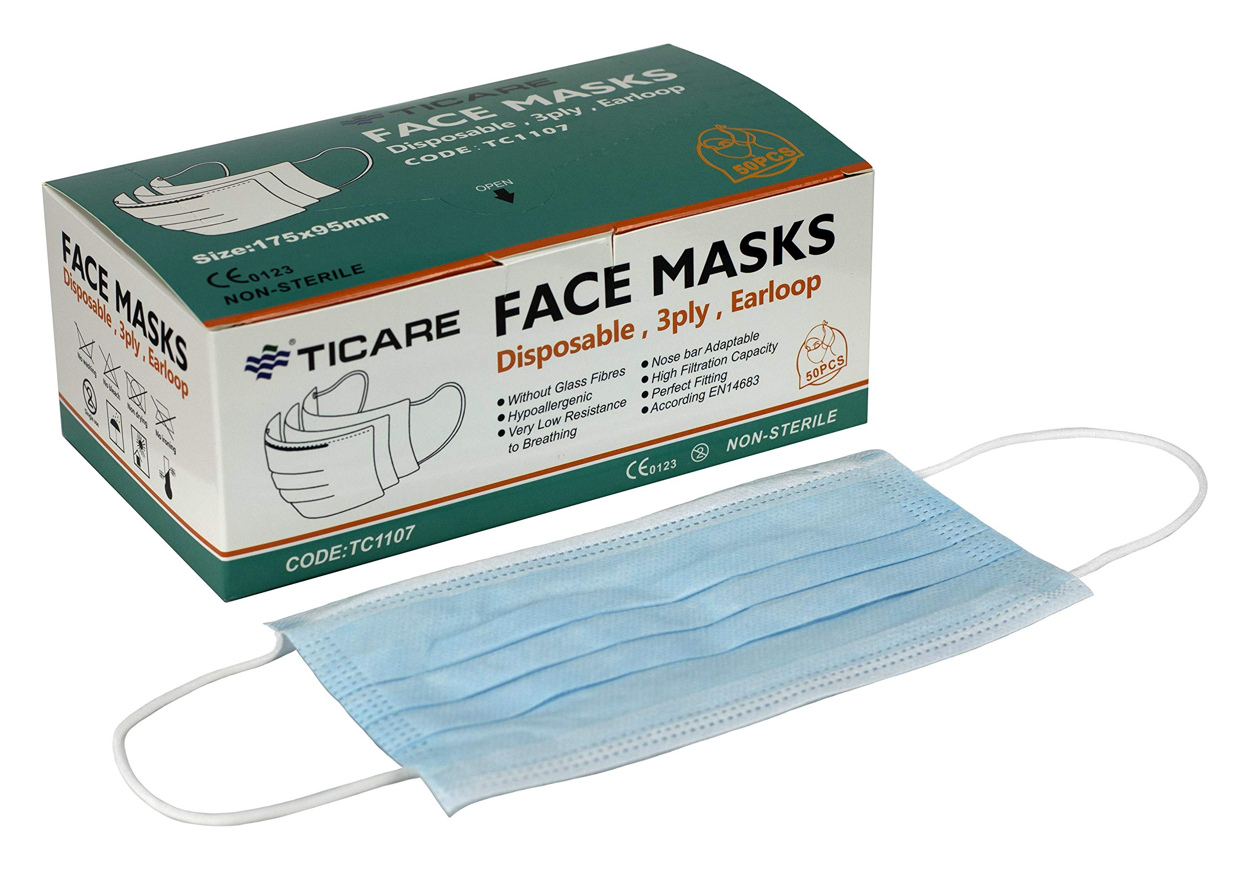 TicareTicare Face Masks, 3 Ply Disposable with Ear Loops, ASTM Level 3, Box of 50