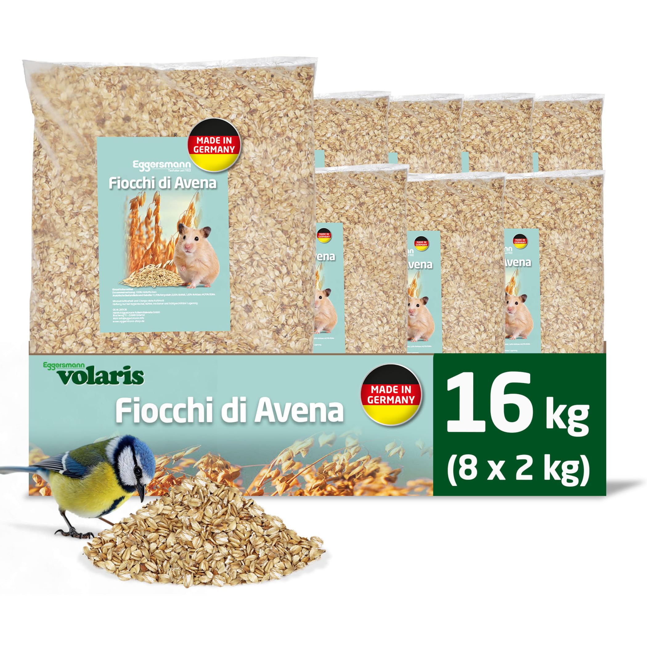 Eggersmann volaris Farina d'avena 8 x 2 kg – Mangime per uccelli selvatici – Farina d'avena ideale anche come mangime per animali per ricci, conigli e roditori – Mangime per uccelli selvatici adatto