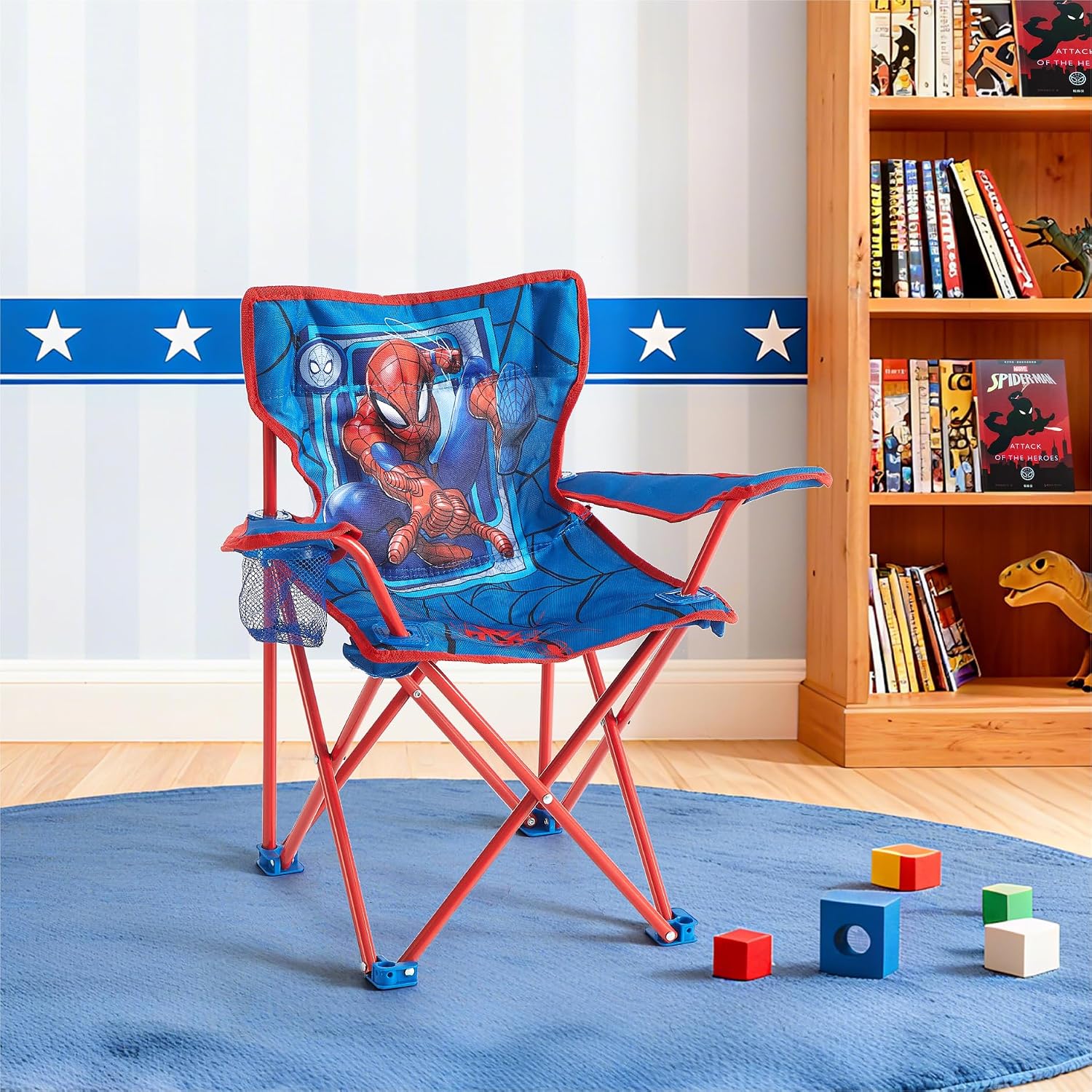 Marvel Spiderman Kids Folding Camp Chair with Cup Holder and Carry Case,Portable Outdoor Chair for Camping, Beach, and Backyard Fun