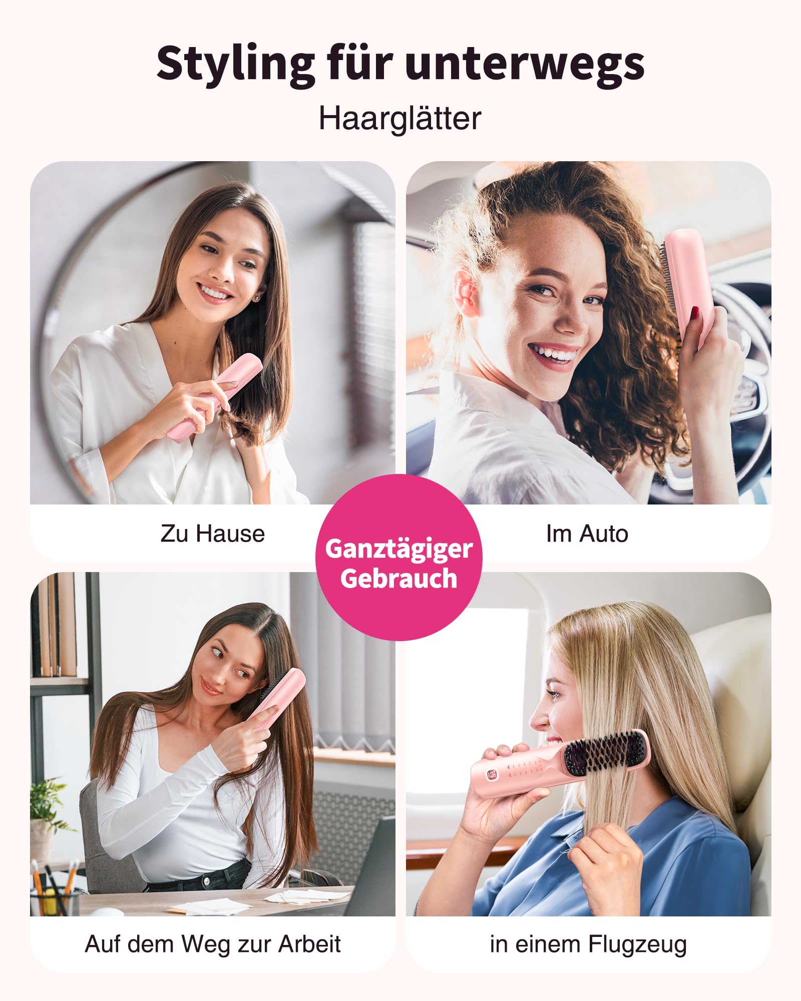 Bopcal Glättbürste Kabellos 10000mAh, 3 in 1 Haarglätter Bürste mit Millionen Negative Ionen, Wiederaufladbar Glättungsbürste für Reise, 6 Wärmestufen, Verhindert Haarziehen & Glättet Schneller