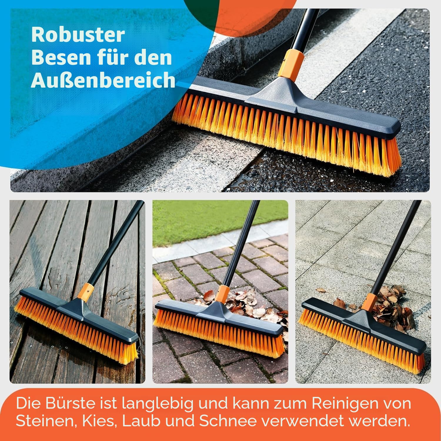 CLEANHOME Straßenbesen,Besen mit Stiel Draußen,Metallstange ist bis zu 168 Zentimeter lang,PP-Borsten Robust und Solide-Kehren&Bürsten 2 in 1,Kann große Flächen von Laub befreien und Böden schrubben