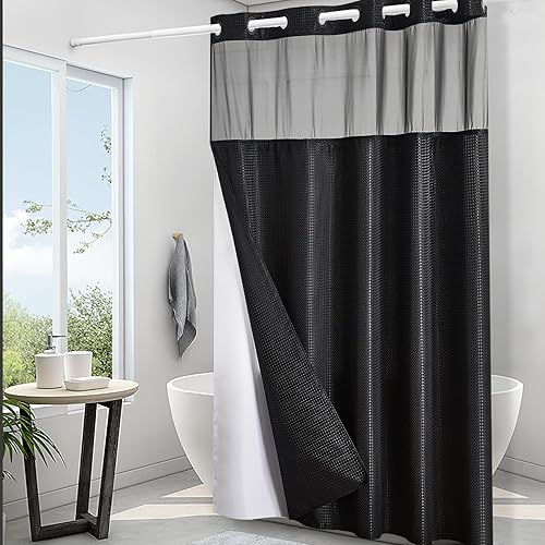 Miniatura 7 de Furlinic Cortina de ducha sin gancho con forro a presión, cortina de baño texturizada de tela resistente con ventana transparente, impermeable y