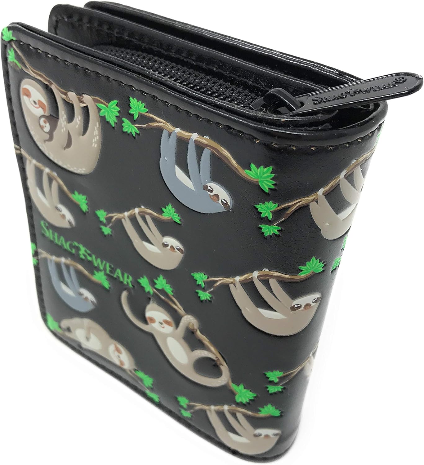Shag Wear Sloth Wallet for Women and Teen Girls Vegan Faux Leather 4.5" Black Small