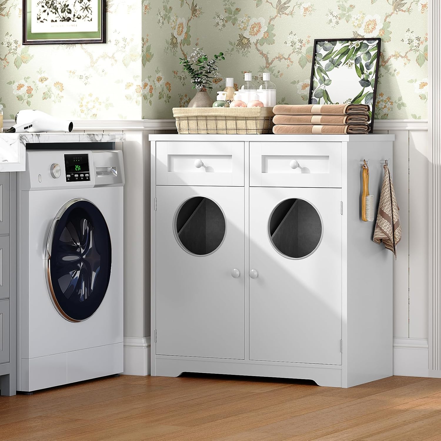 HOOBRO Double Laundry Hamper Cabinet, Hidden Laundry Cabinet with 2 Drawers & 2 Baskets, 20 Gallon Farmhouse Bathroom Laundry Hamper with 2 Clothes-Toss Holes, White WT36XY01