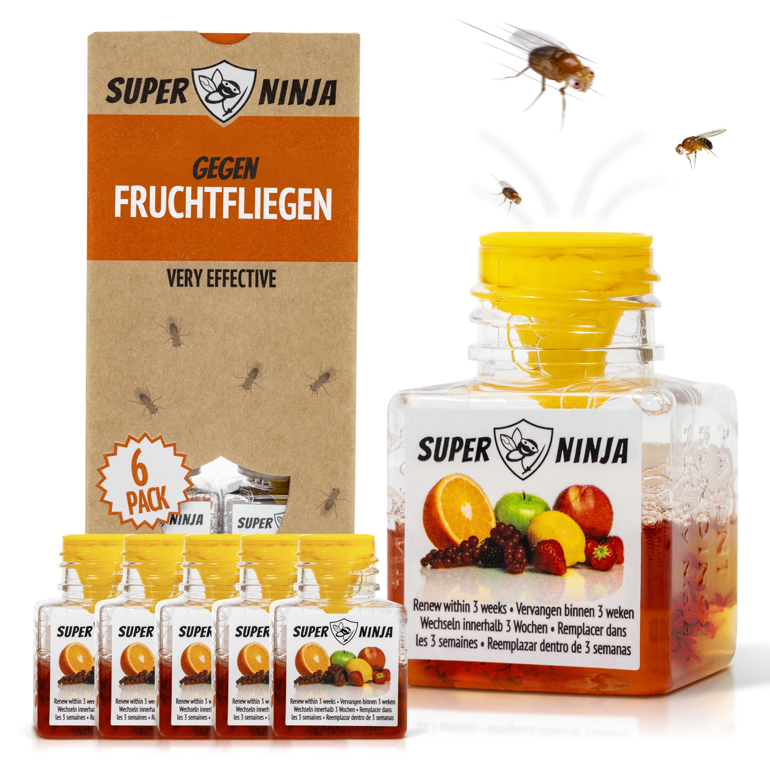 Super Ninja Fruchtfliegenfalle für Innenbereich – 6er-Pack, Wirksame Obstfliegenfalle für Haushalt und Küche, bis zu 3 Wochen Leistung pro Flasche, Kinder-und haustierfreundlich
