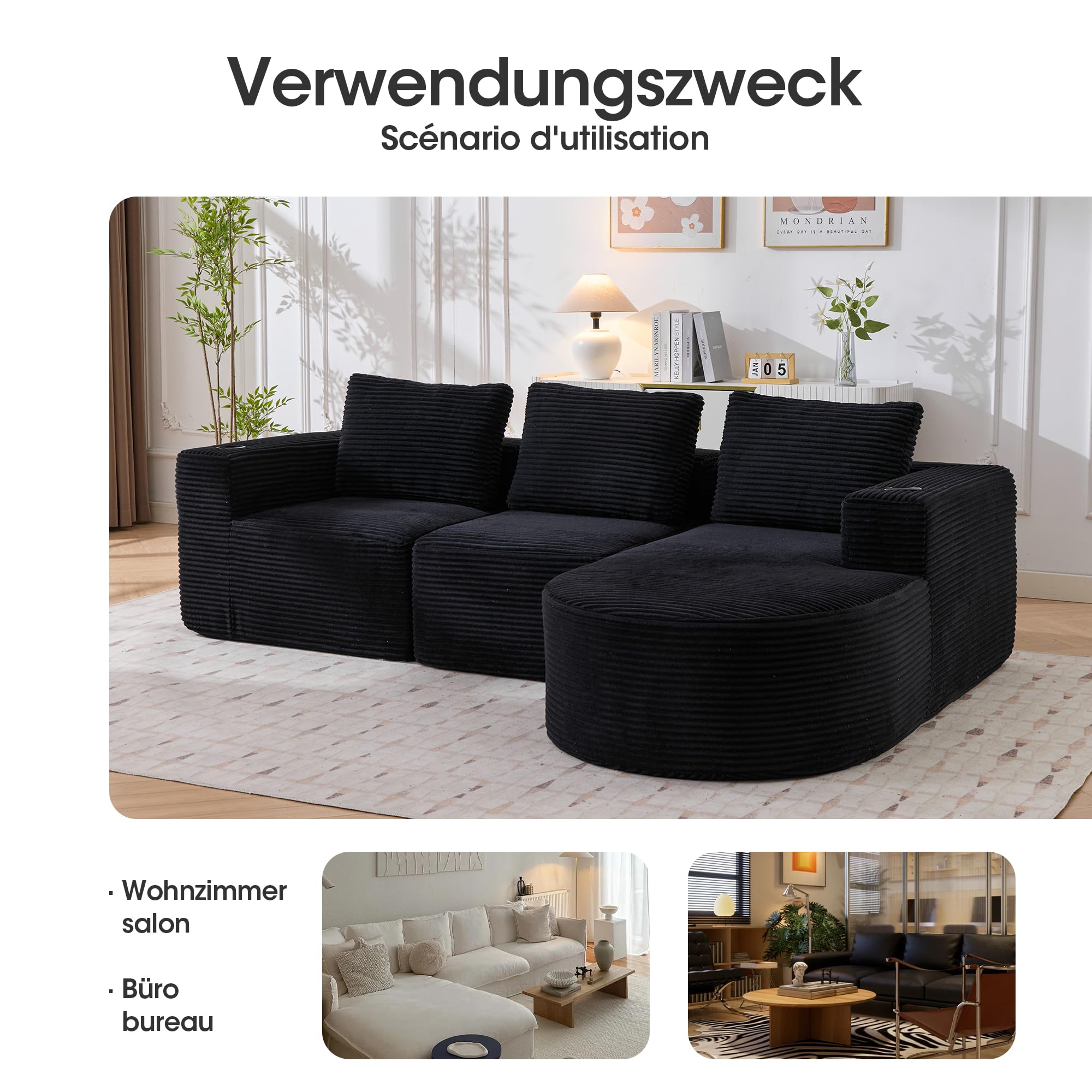 258cm Canapé d'angle en L, 3 Places, pour Salon et Appartement, Canapé Modulaire avec Méridienne en Courbe, 3 Coussins, Canapé Compressé en Velours Côtelé