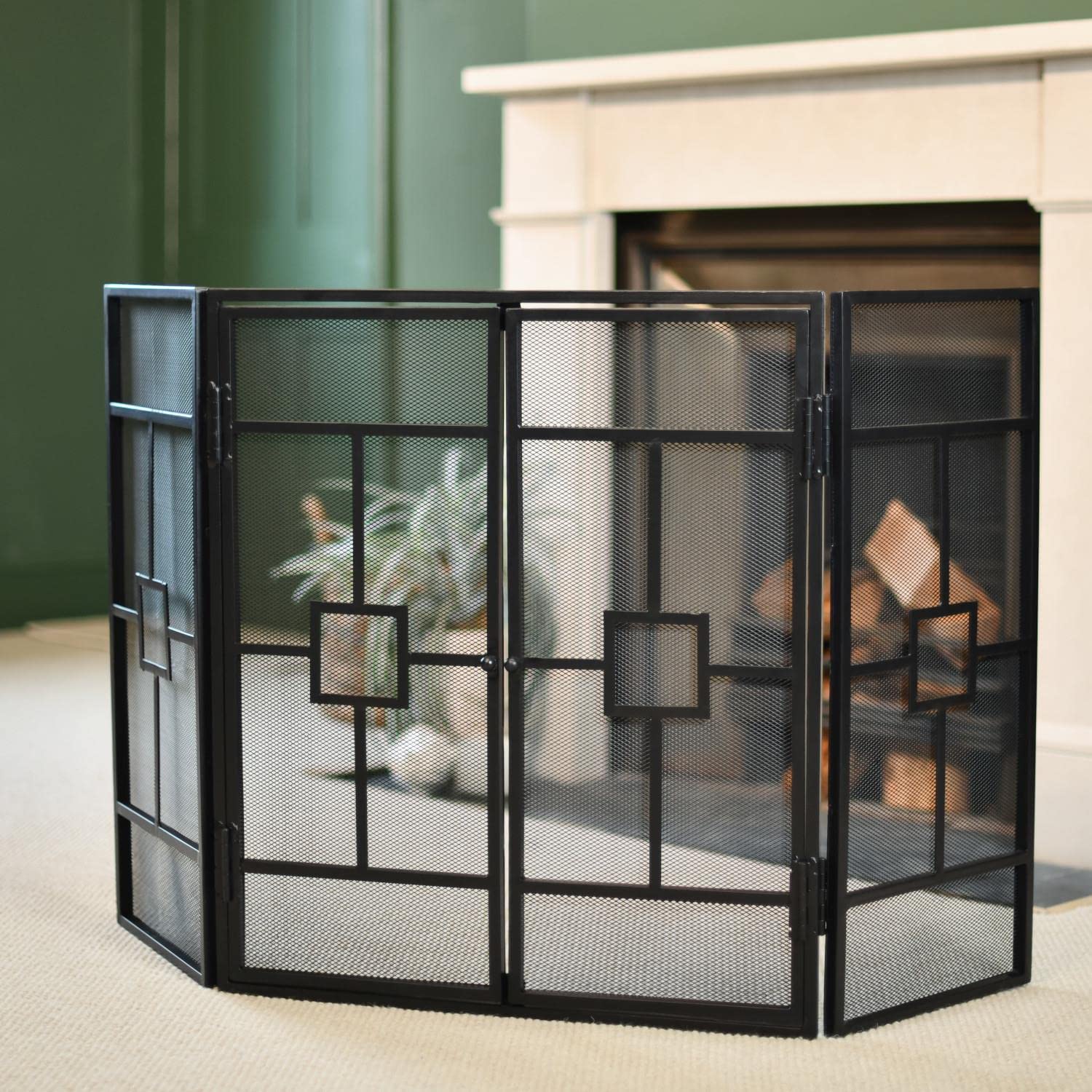 Black Country Metal Works Black "Art Deco" Three Fold Fireguard Fire Screen With Door – Classic Style Mesh Guard For Log Burners & Open Fires – Spark & Debris Protection