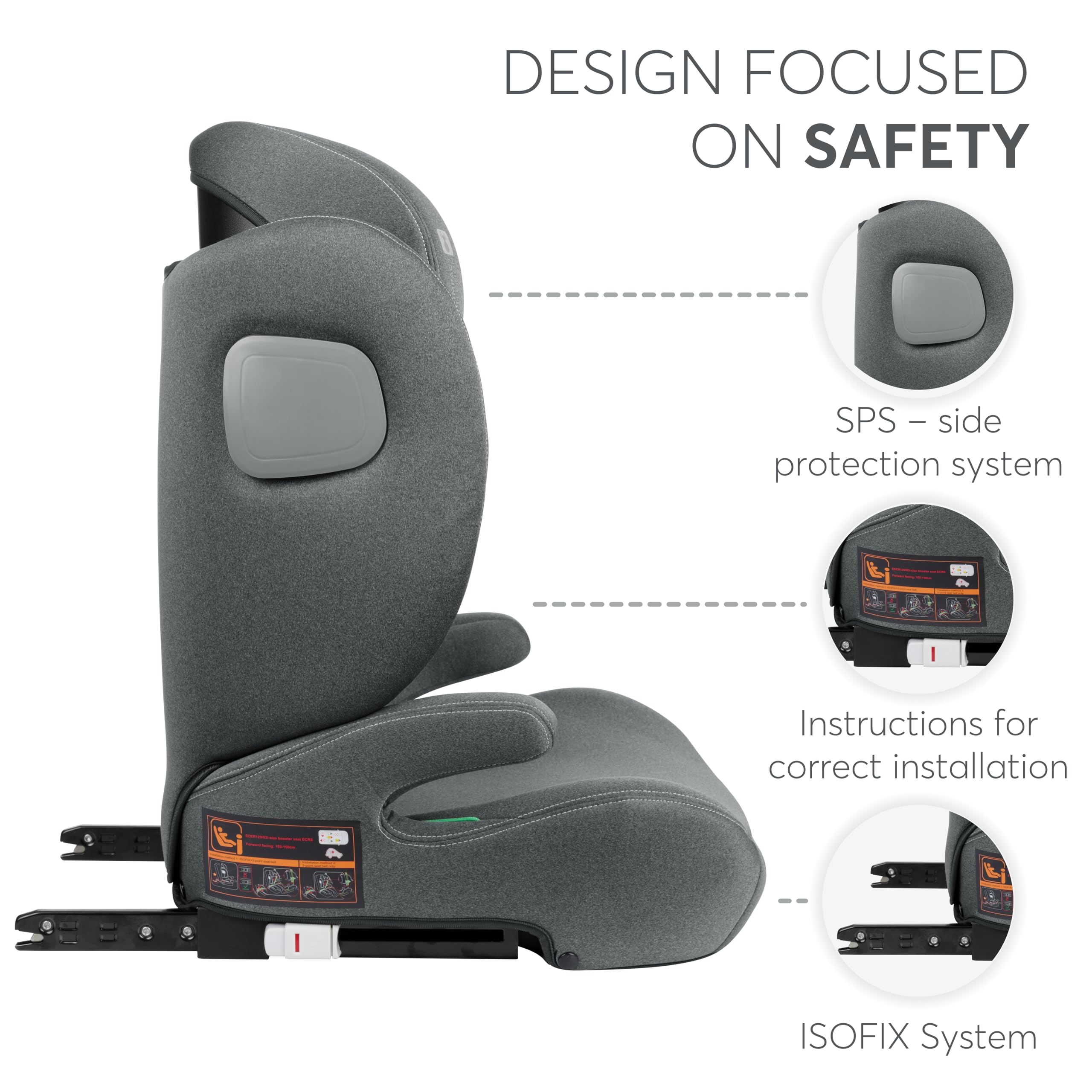 KikkaBoo Fotelik Samochodowy i-TRACK i-Size 100–150 cm, Grupa 2/3 ISOFIX, dla Dzieci 3,5–12 Lat (15–36 kg), System Ochrony Bocznej SPS, Zagłówek Regulowany w 12 Pozycjach, Szary