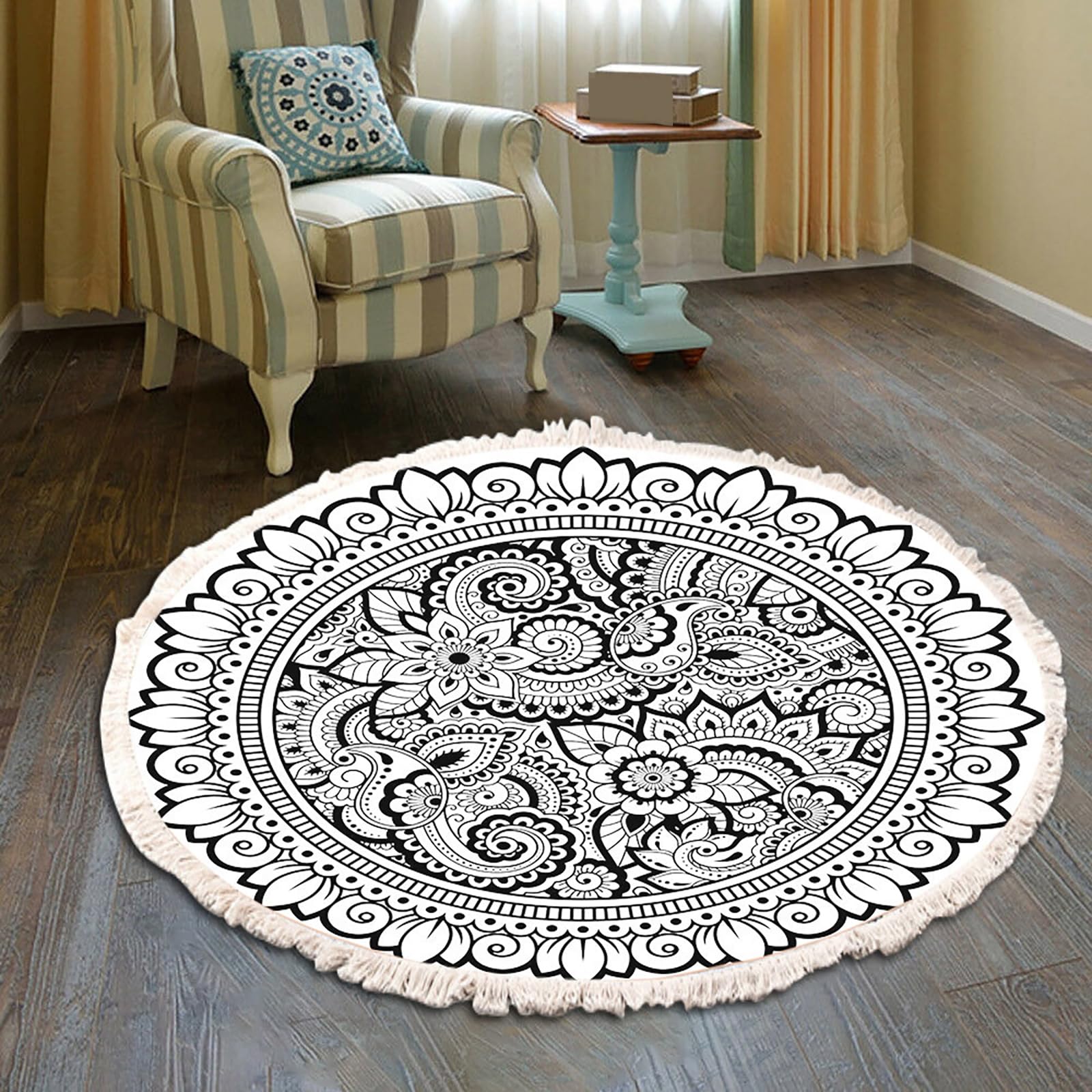 Tapis rond bohème lavable 120cm grand tapis de chambre résistant et doux à pompons