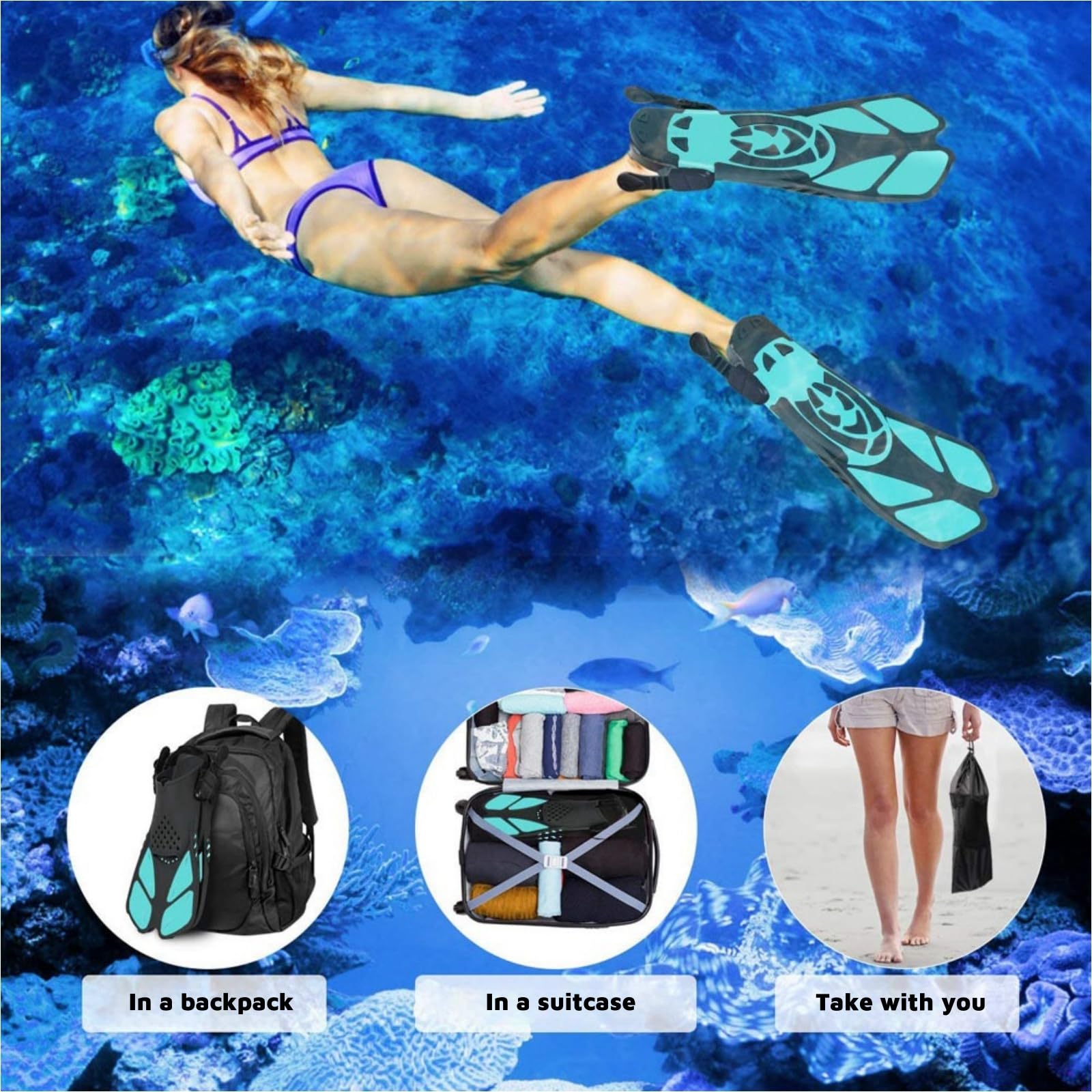 1 par de aletas de buceo, aletas de natación, tamaño de viaje corto ajustable para snorkeling, buceo, adultos, talón abierto, aletas de buceo