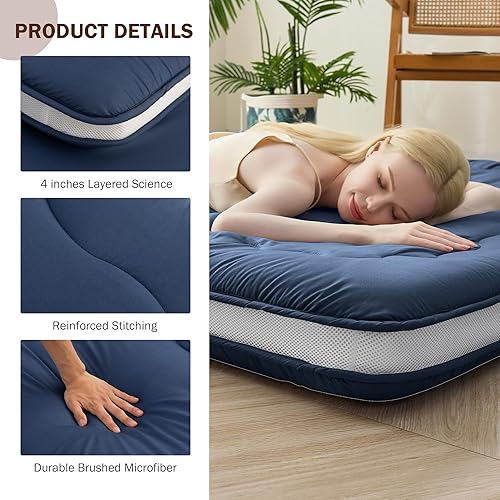 Miniatura 4 de Colchón de futón japonés de tamaño matrimonial, colchón plegable de 4 pulgadas de grosor, tapete para dormir, futón shiki tradicional relleno de