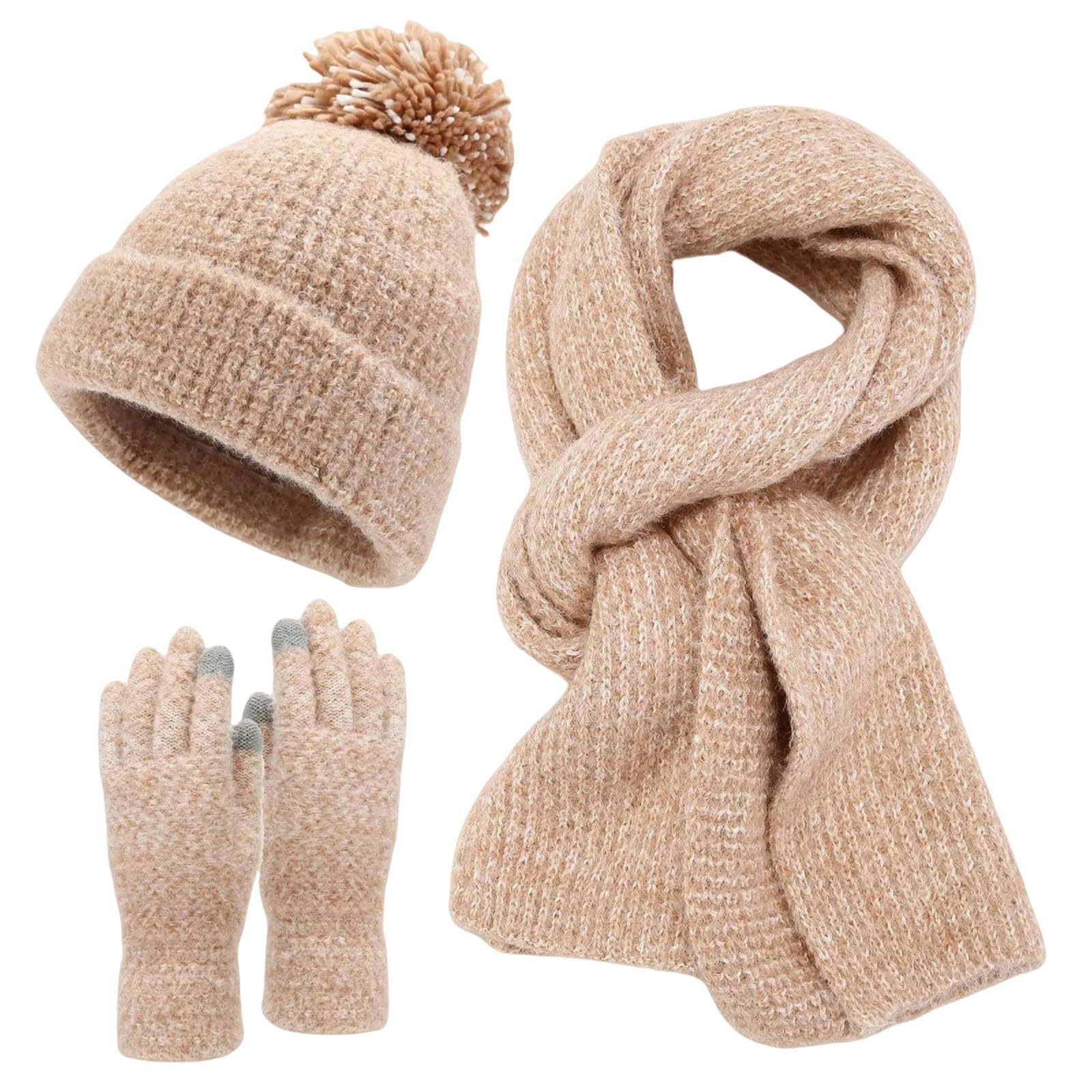 Mütze, Schal & Handschuh-Sets Für Damen 3-teiliges Strickset Mit Mütze, Schal Und Handschuhen,wintermütze Und Touchscreen-Handschuhe Für Herbst Winter-Khaki-eine Größe