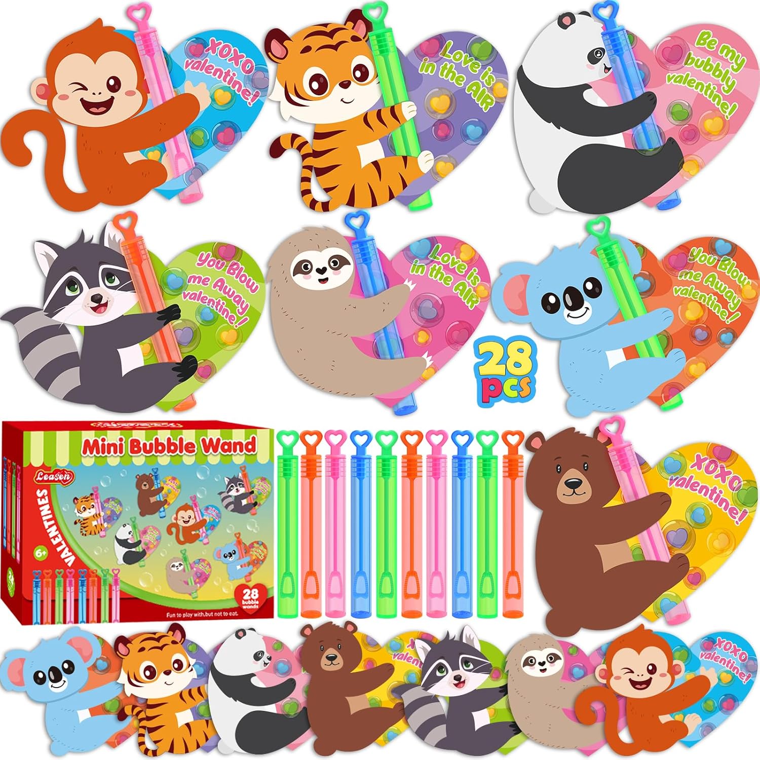 LEASEN Valentines Day Gifts for Kids, 28 Pack Mini Bubble Wands with Greeting Cards Valentines Animal Themes for Kids, Valentine's Day Classroom Exchange Gifts School Prizes Party Favor
