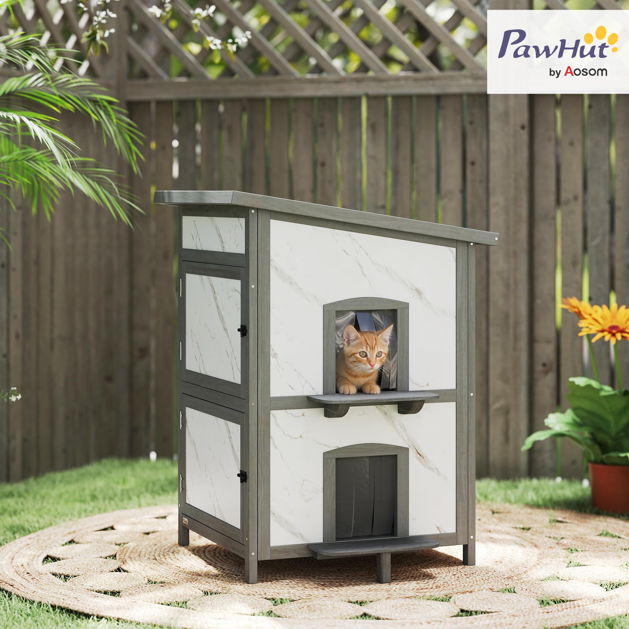 PawHut Katzenhaus aus Holz 2-stöckig Outdoor mit Fenster 60x60x88 cm Weiß | Mehreren Türen, Isolierte Katzenhütte, Wasserabweisendes Dach, Katzenhöhle Katzenbox für Draußen