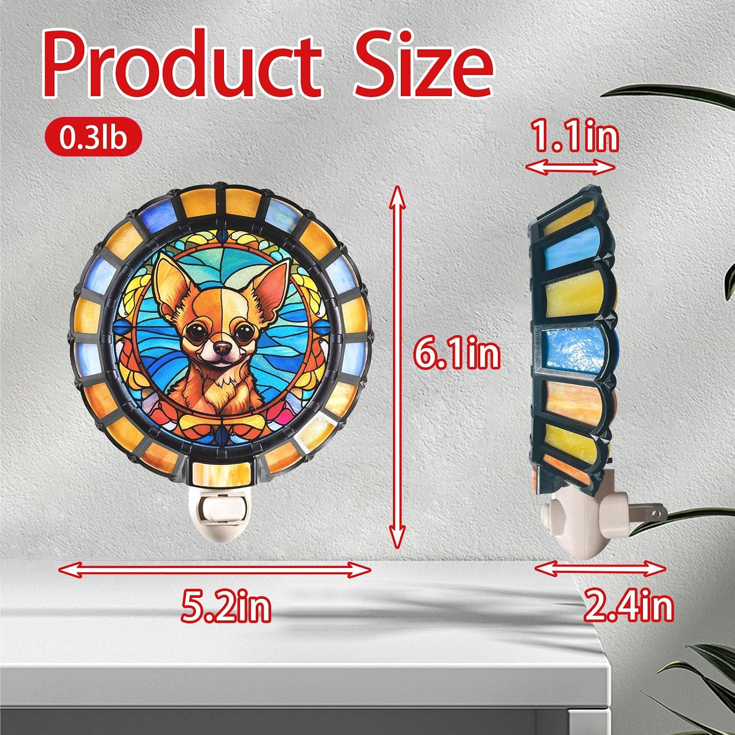 Mosaic Stained Glass Night Light, Chihuahua, Made with Real Mosaic Glass Pieces, Plug-in with On/Off Switch, Handcrafted Artisan Home Decor