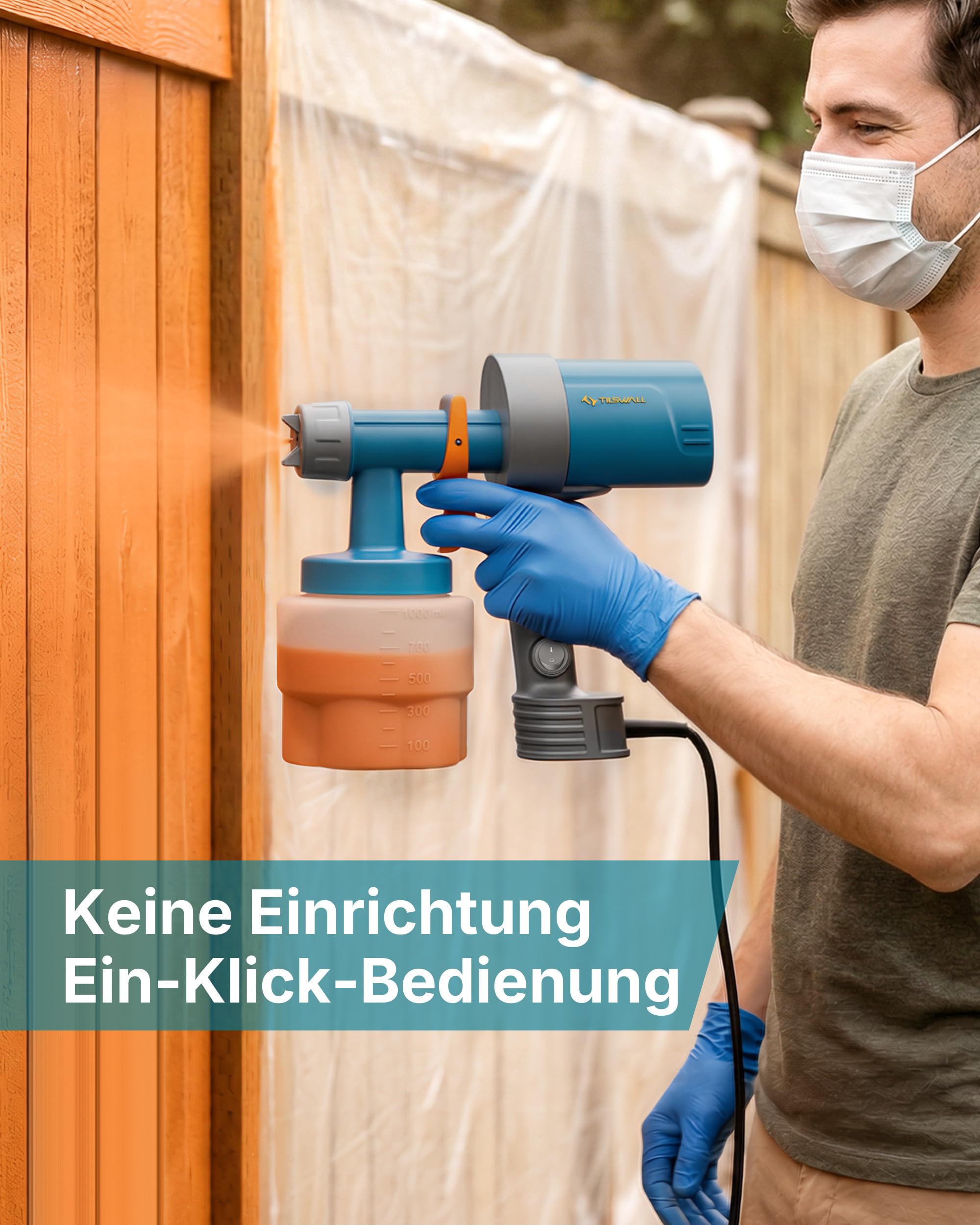 Tilswall Shark 600 Farbsprühsystem, Ultra-Leichte HVLP Farbspritzpistole, 3 Düsen & Muster, Leicht zu Reinigen, Einstellbarer Fluss, für Möbel, Zäune, Wände, Türen, Terrassen