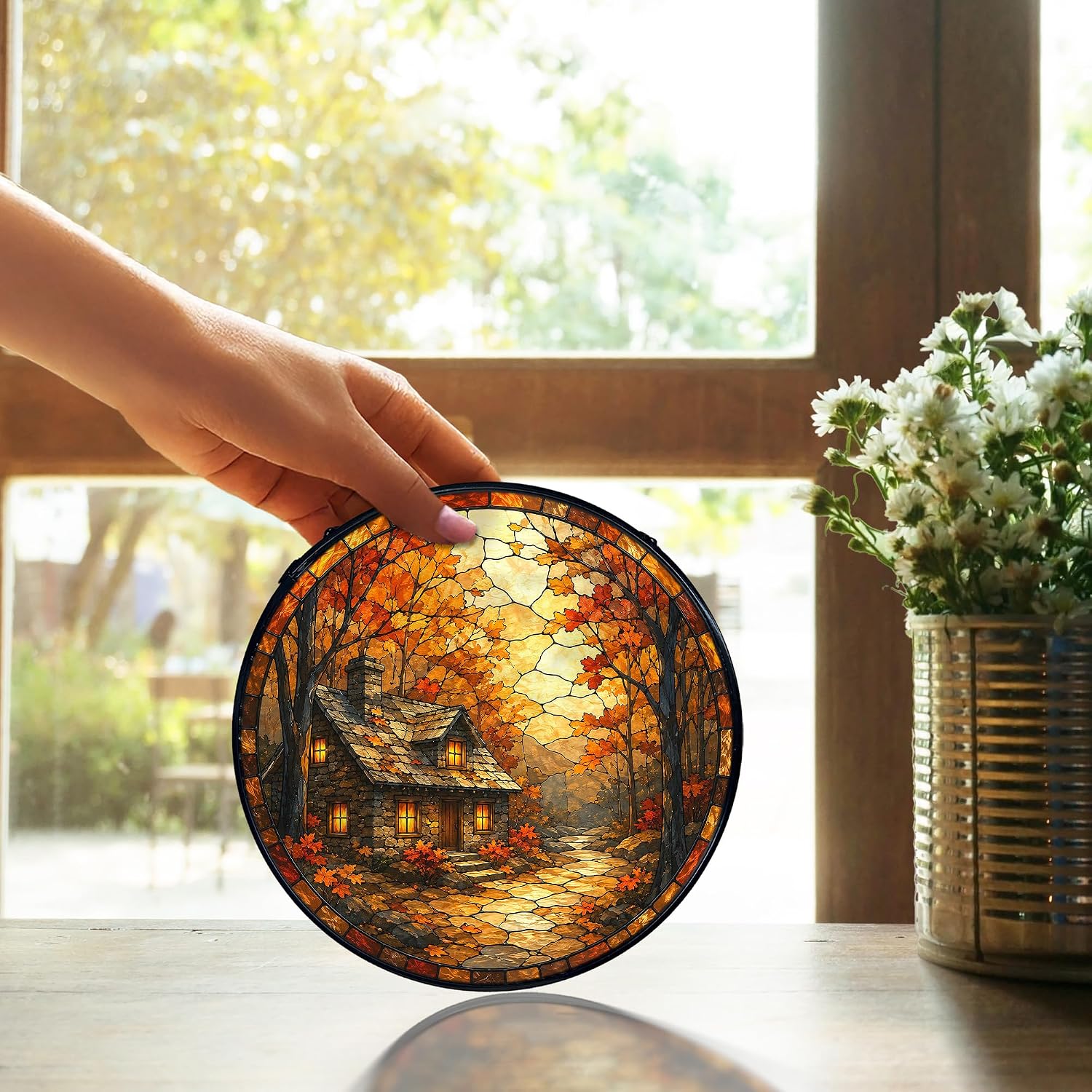 TNUW Farmhouse Fall Forest Stained Glass Window Hanging Suncatcher 7.9"