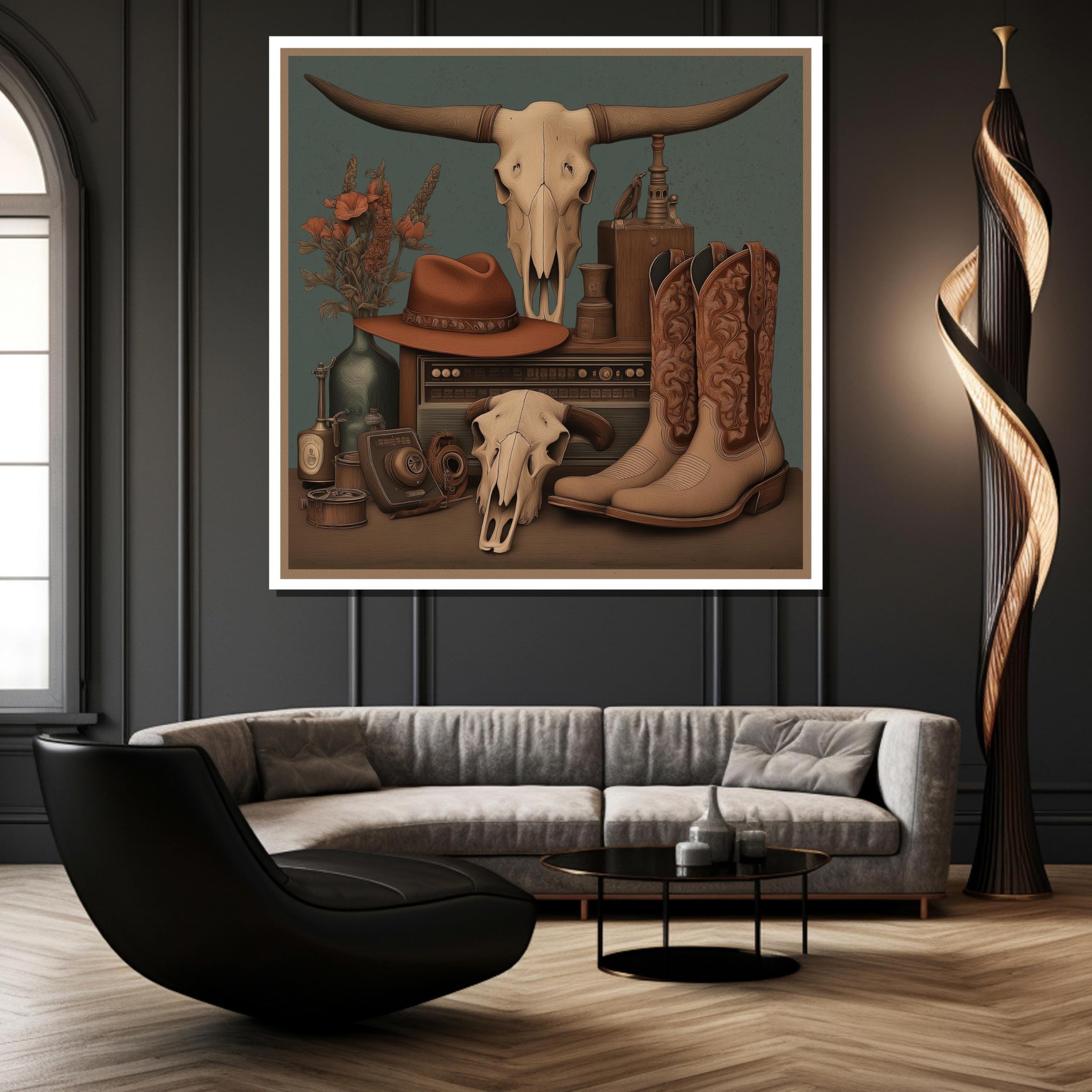XINBAO Kowbojski zachodni obraz na płótnie - Rustykalna dekoracja rancza - Longhorn buty i kapelusz wydruk na płótnie - wiejska grafika / farmhouse (65 x 65 cm / rama wewnętrzna)