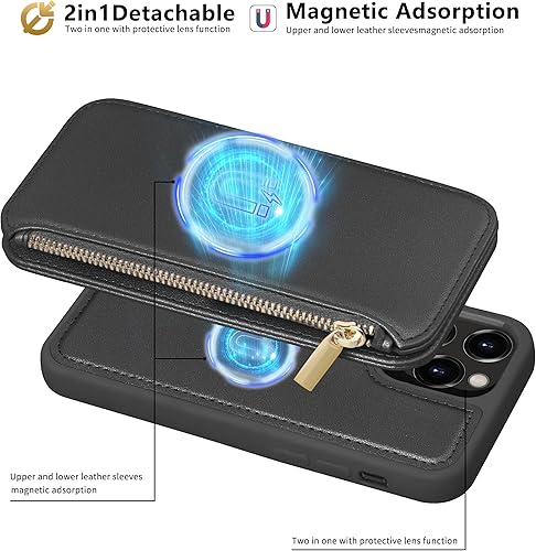 Miniatura 4 de CIVICASE Funda con cremallera para iPhone 14 Pro Max con funda tipo cartera 2 en 1 magnética desmontable, protección para tarjetas RFID, 6 ranuras