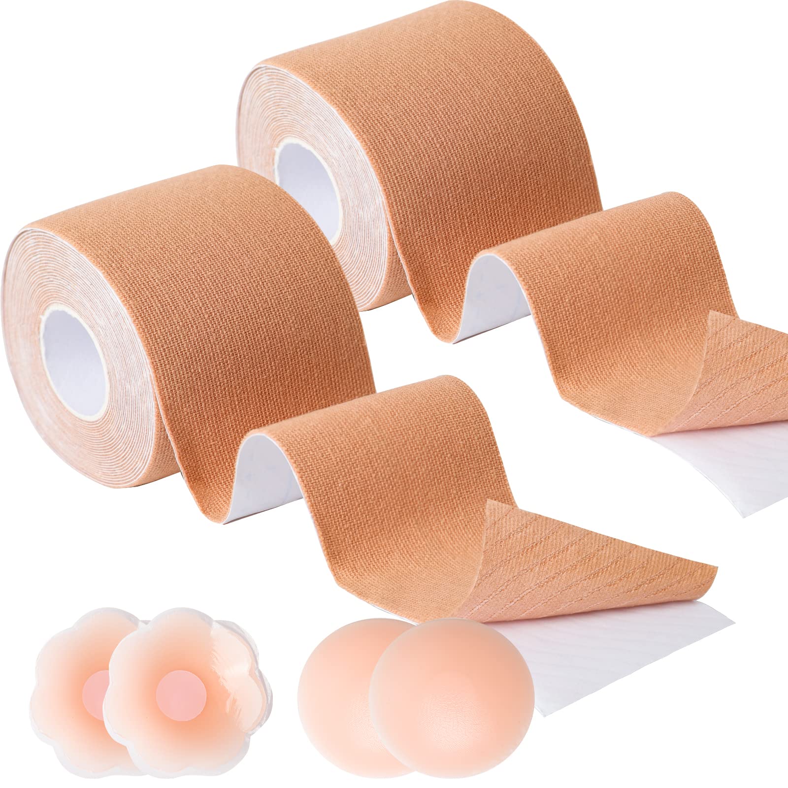 2 Rolls Boob Tape and 2 Pairs Silicone Nipple Cover Set, Breast Lift Tape for A-E Cup, Reusable Breathable Push Up Body Tape