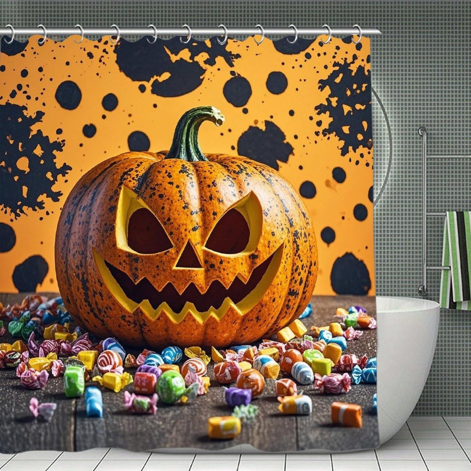 FekiLoot Pumpkins and Candies Shower Curtain with Hooks Modern Farmhouse Bathroom Curtain Waterproof Cloth Bath Curtains Cute Washable Blackout Privacy Curtains for Bathroom Bathtub 70.8"x70.8"