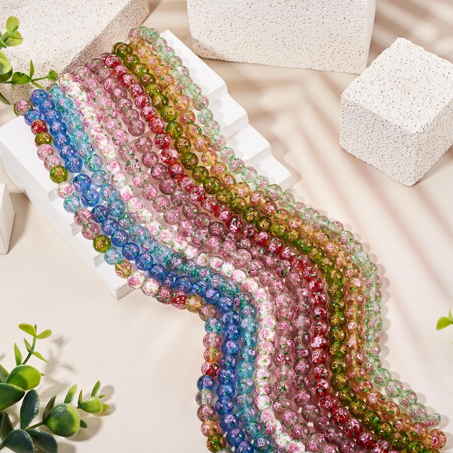 Cheriswelry 40Pcs/Strand Rose Flower Lampwork Beads 10mm Handmade Gold Sand Glass Beads Round Loose Spacer for DIY Bracelet Necklace Earring Rosary Jewelry Crafts (Pale Turquoise) - Image 6