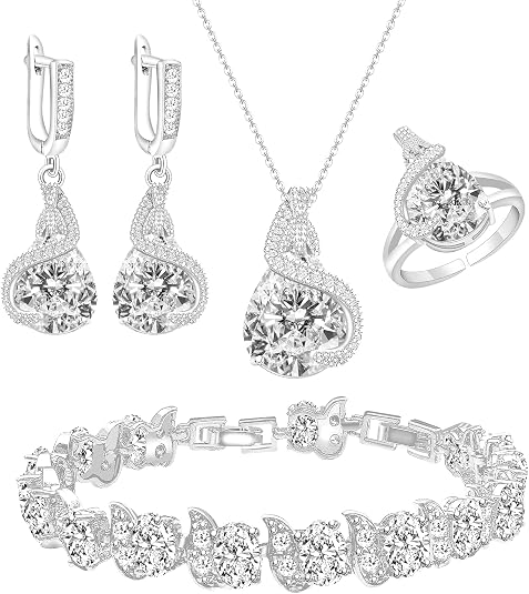 GZWHD Water Drop CZ Jewelry Set – Earrings, Necklace, Ring & Bracelet