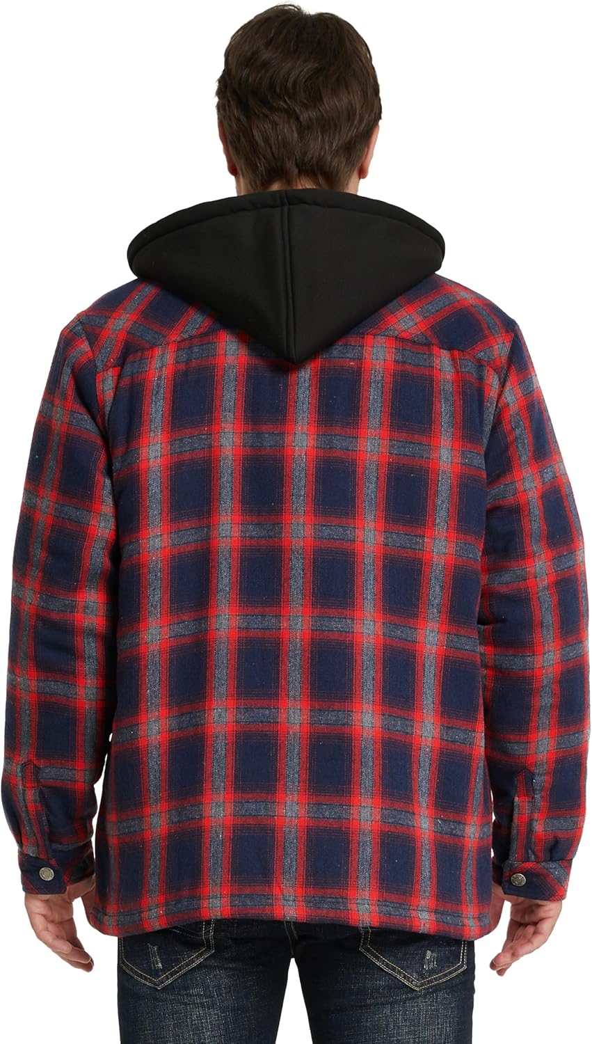 WenVen Men's Thicken Plaid Flannel Quilted Shirts Jacket with Removable Hood - Image 2